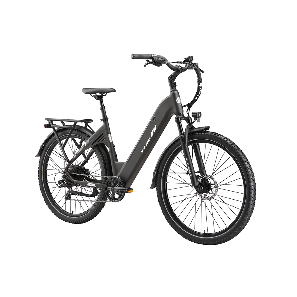 Una bicicletta elettrica grigio scuro con pneumatici larghi, portapacchi posteriore e sospensioni anteriori.