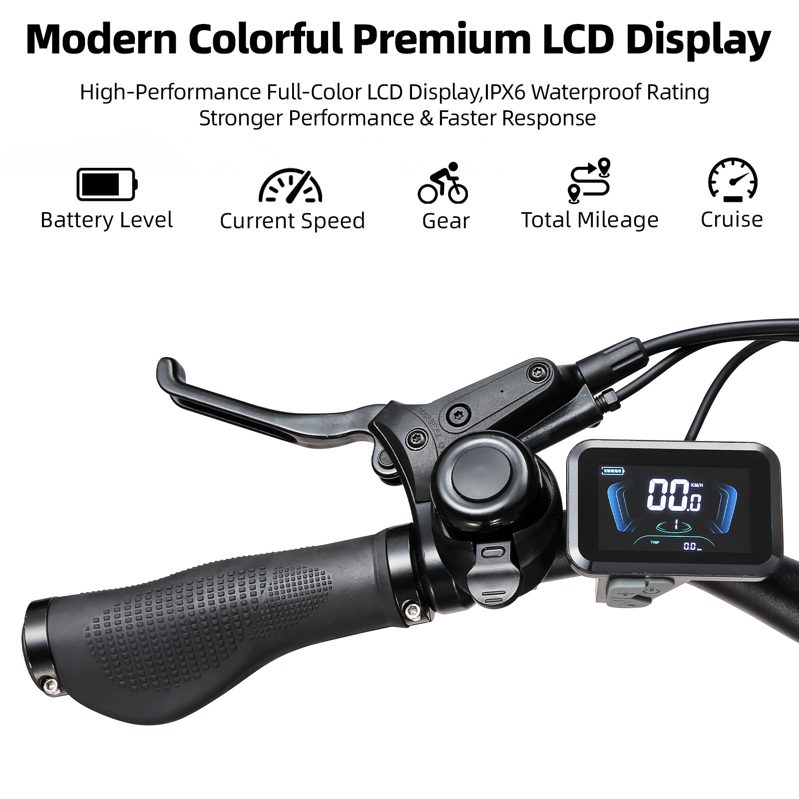 Primo piano del manubrio della e-bike con display LCD che mostra 00,0 km/h.