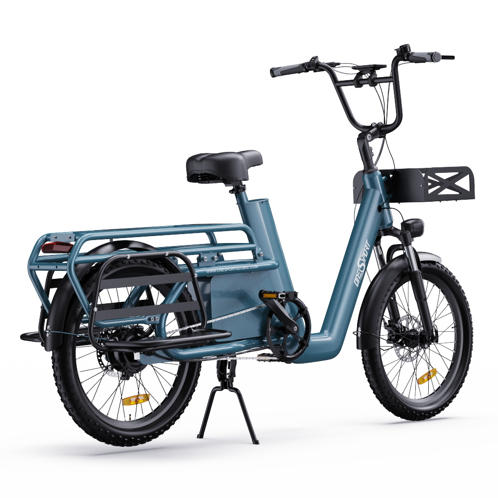 Una bicicleta eléctrica azul con portaequipajes delantero y trasero sobre fondo blanco.