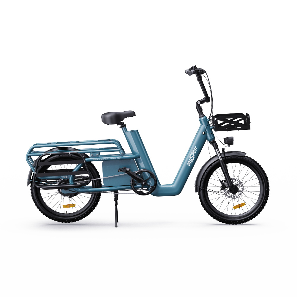 Una bicicleta de carga azul con portaequipajes delantero y trasero y cesta.