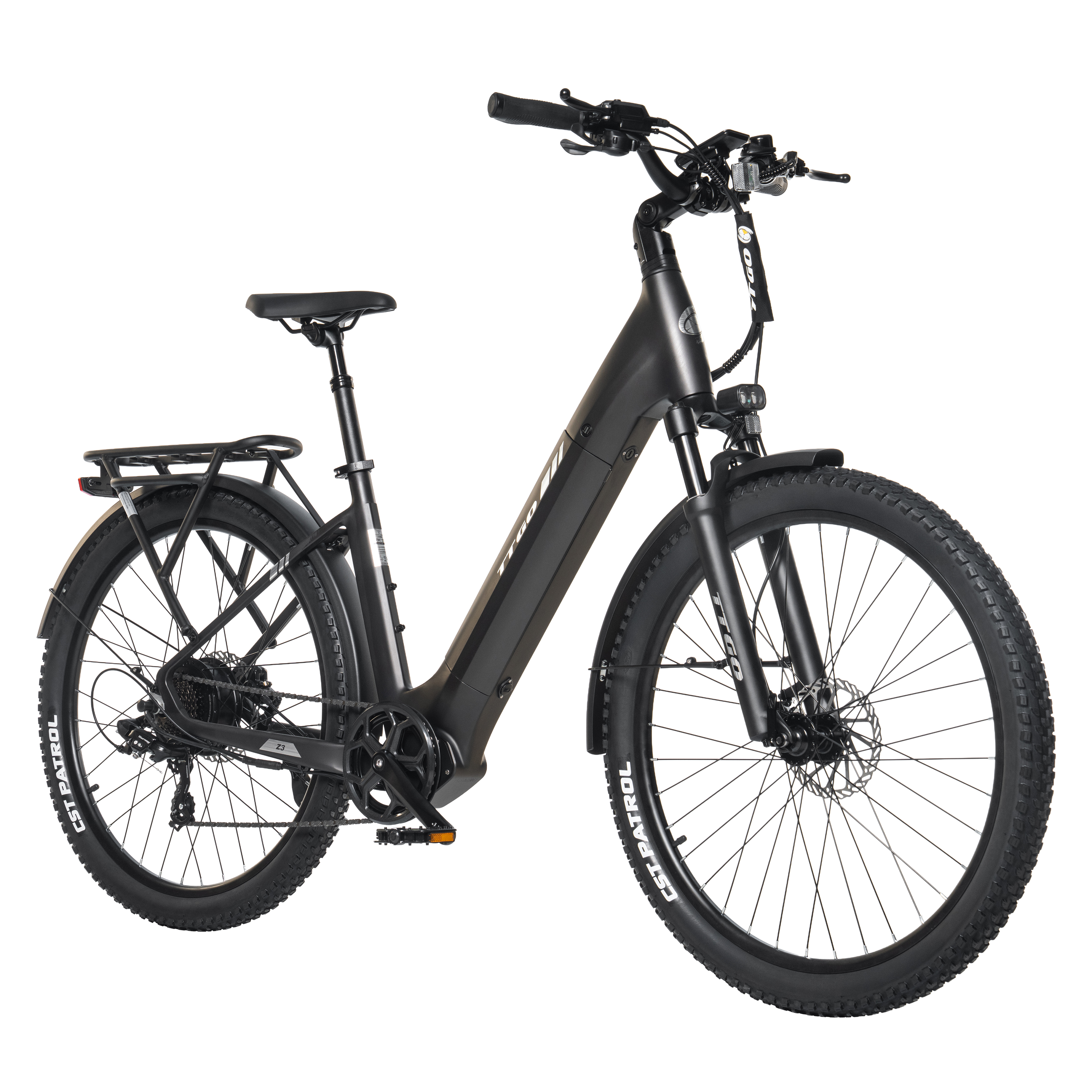 Una e-bike nera con pneumatici larghi, portapacchi e forcella ammortizzata.