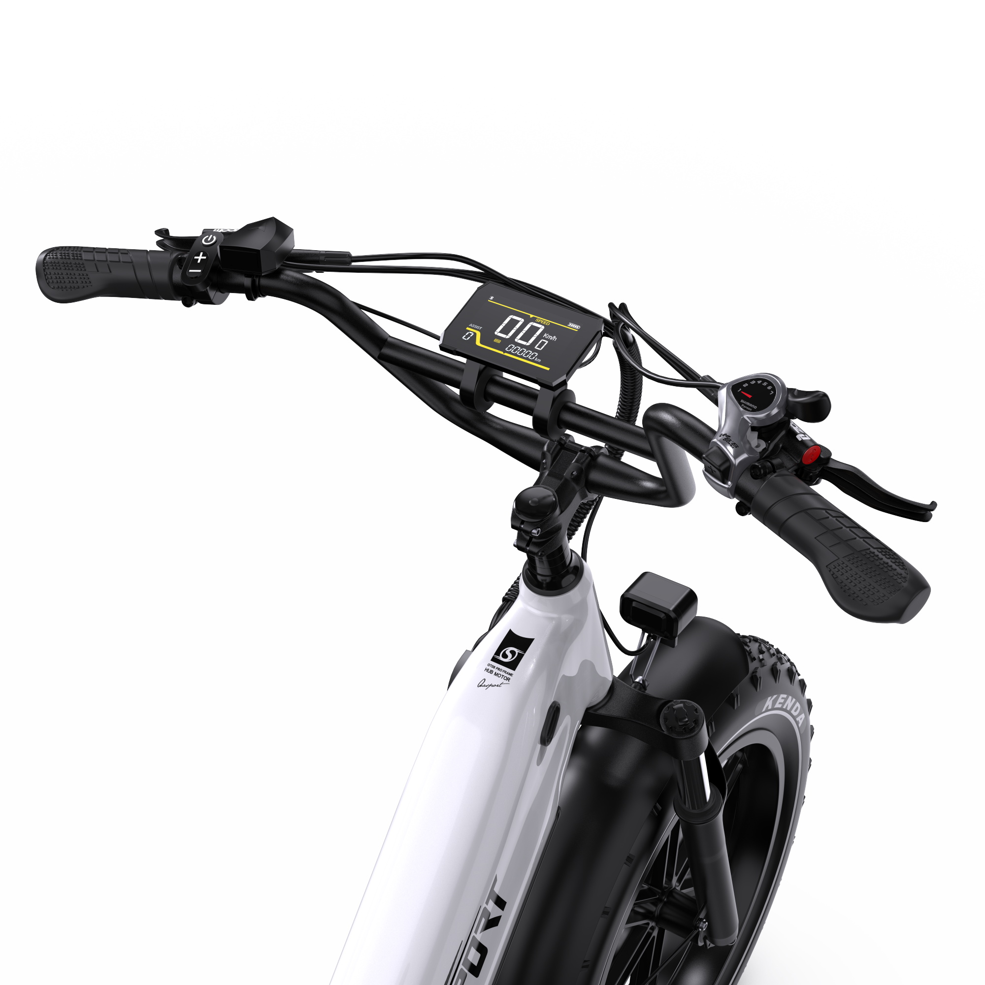 Primo piano di una e-bike bianca con manubrio, display e pneumatici larghi neri.