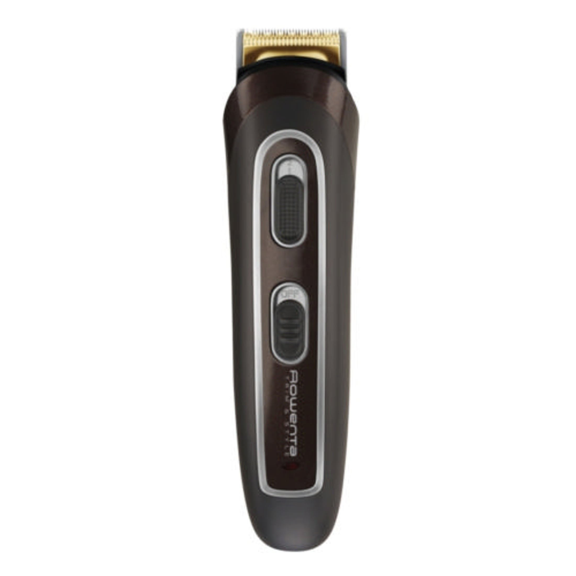 Un rasoio elettrico scuro con testina trimmer dorata e due interruttori neri.
