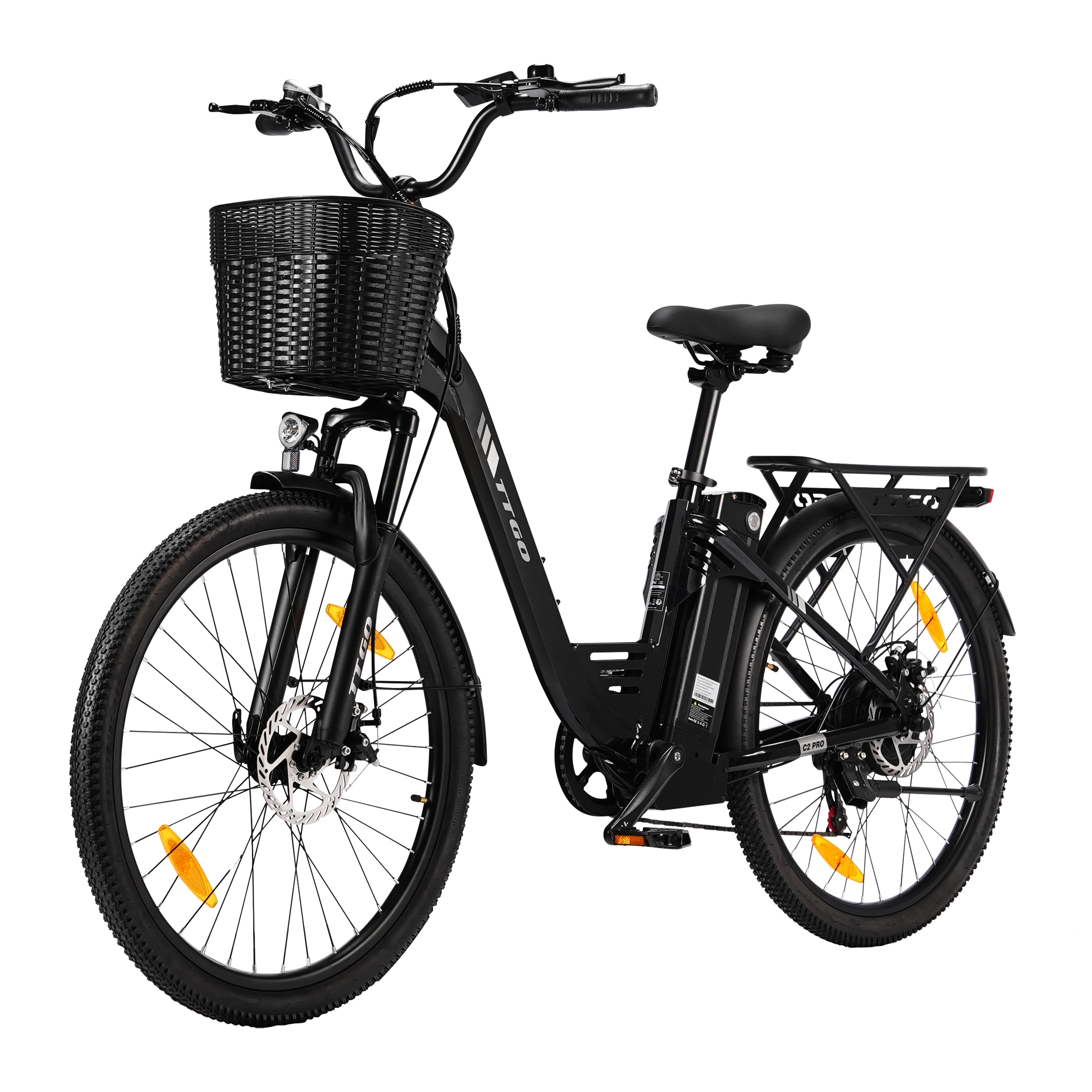 E-bike nera con cestino anteriore, portapacchi posteriore e catarifrangenti.
