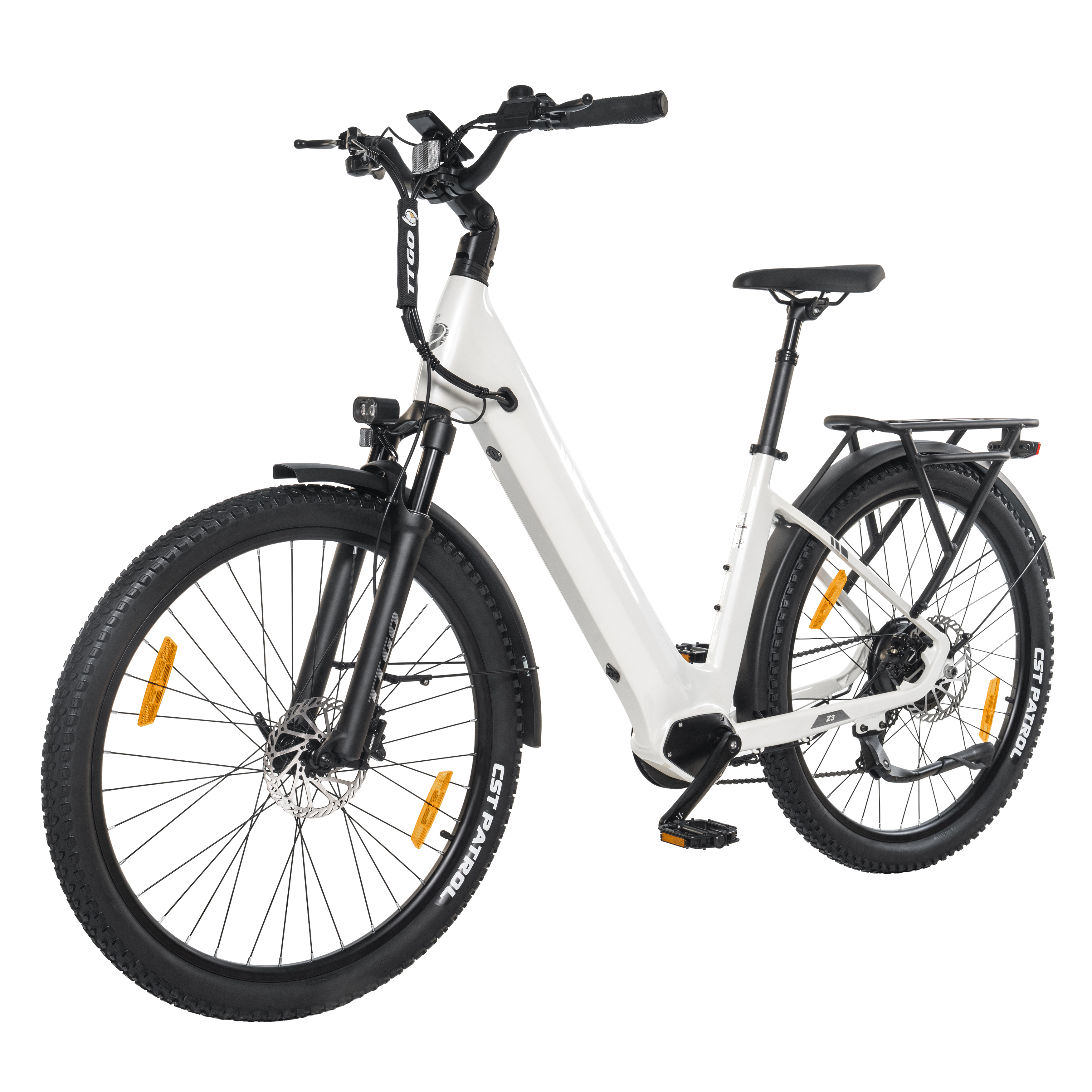 Una bicicletta elettrica bianca con pneumatici e ruote nere, su sfondo bianco.