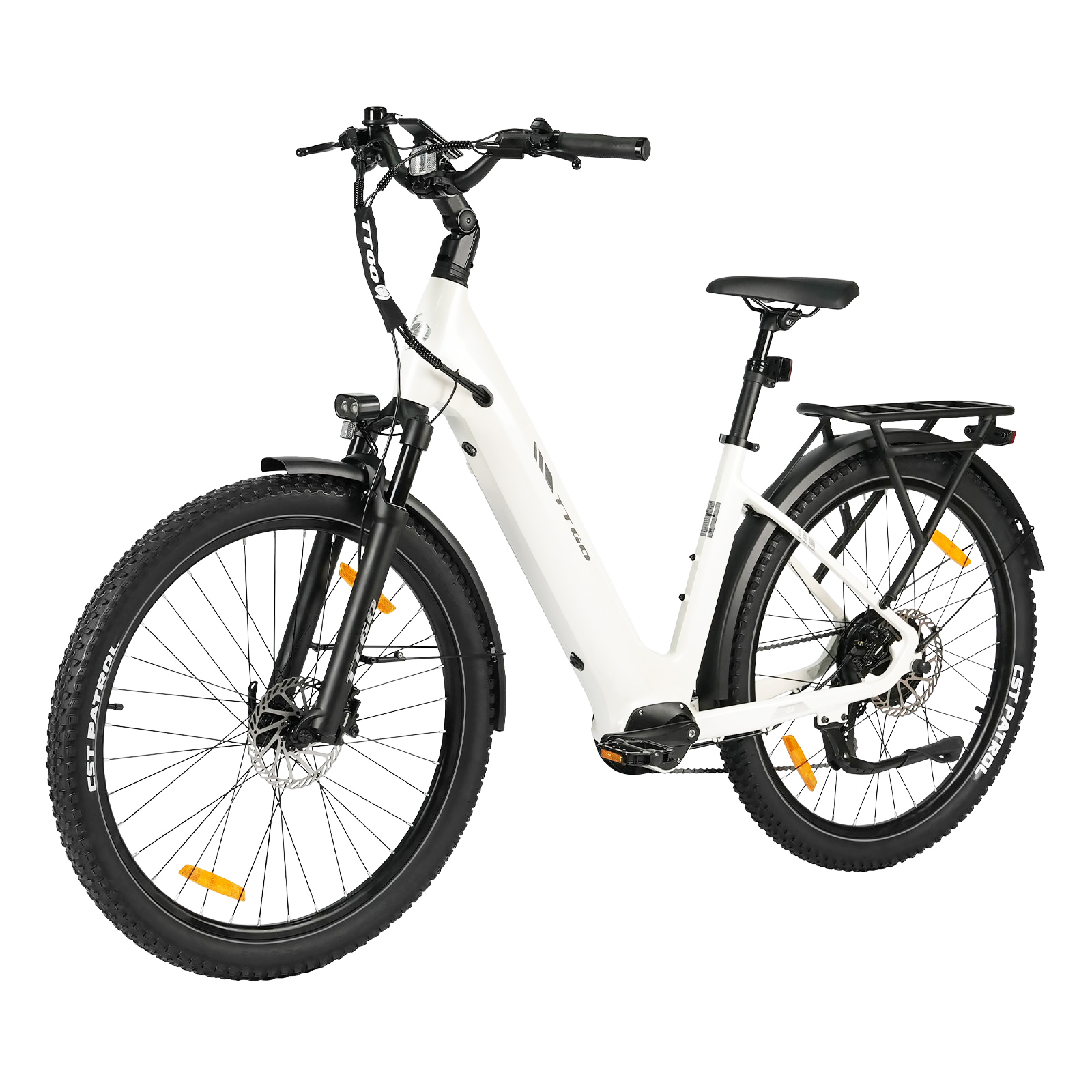 Una bicicletta elettrica bianca con pneumatici, manubrio e sella neri.