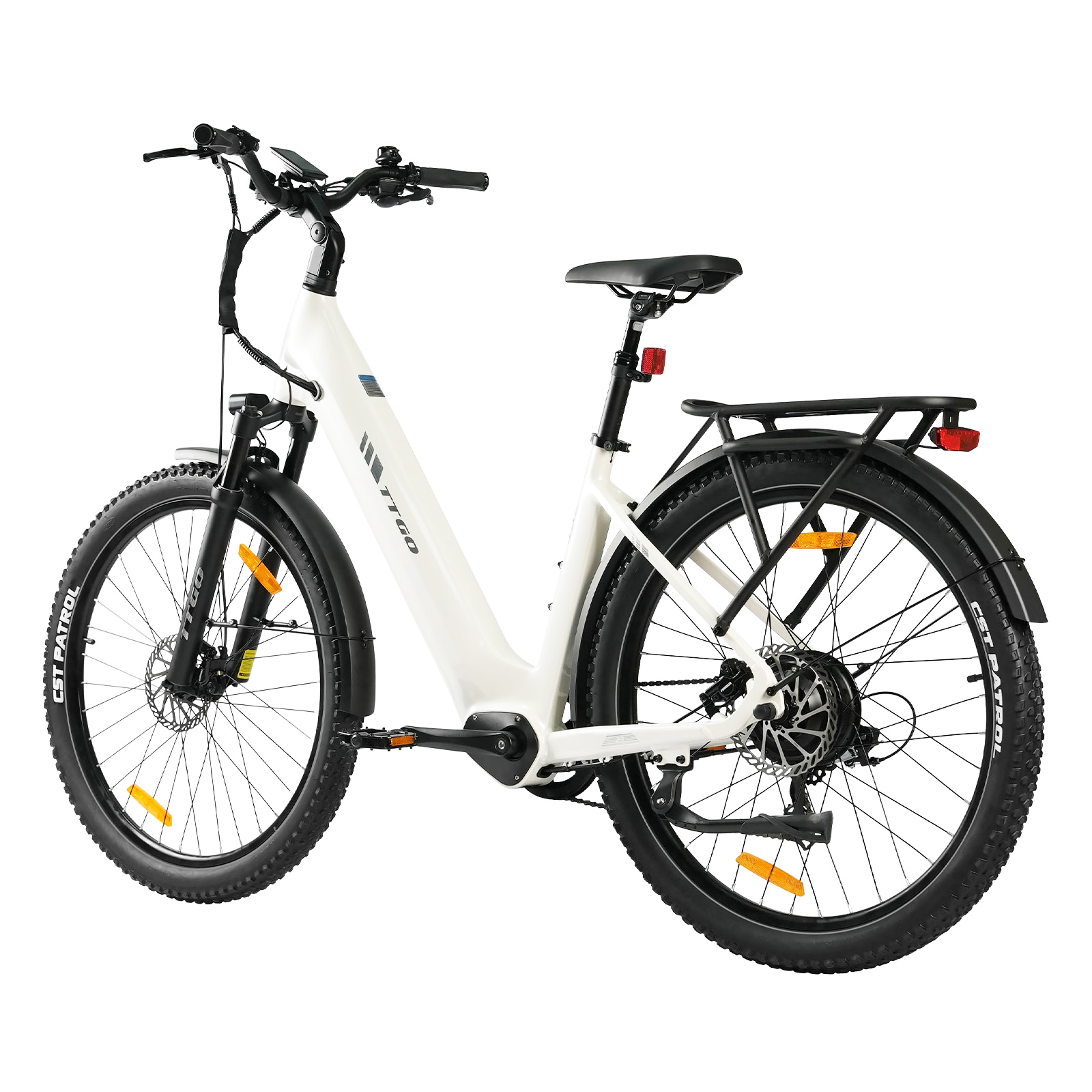 Una bici elettrica bianca con pneumatici neri, portapacchi, sella e manubrio.