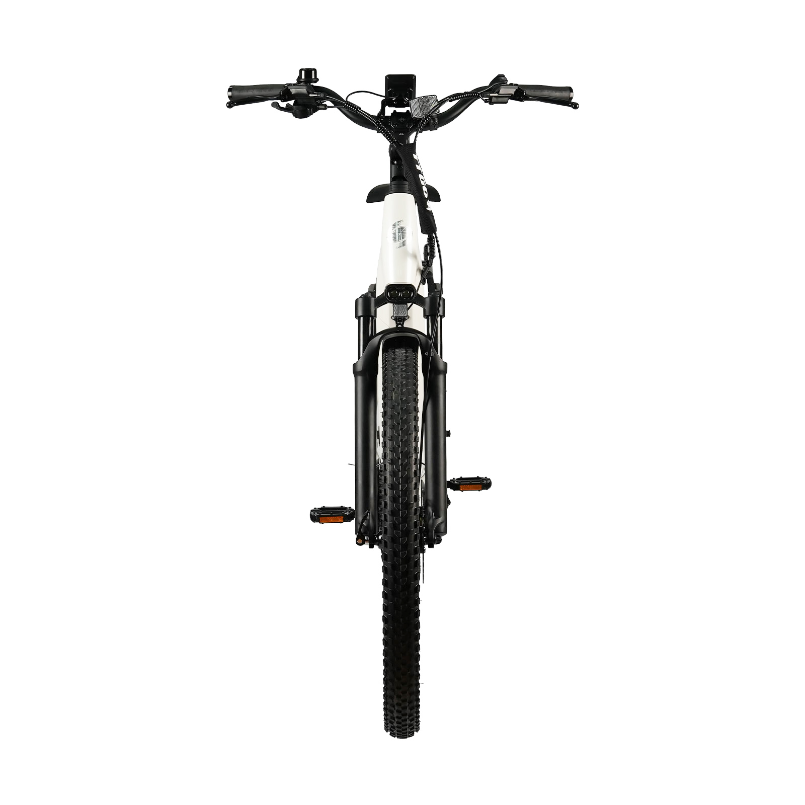 Una bicicletta elettrica bianca con pneumatici e manubrio neri, vista frontalmente.
