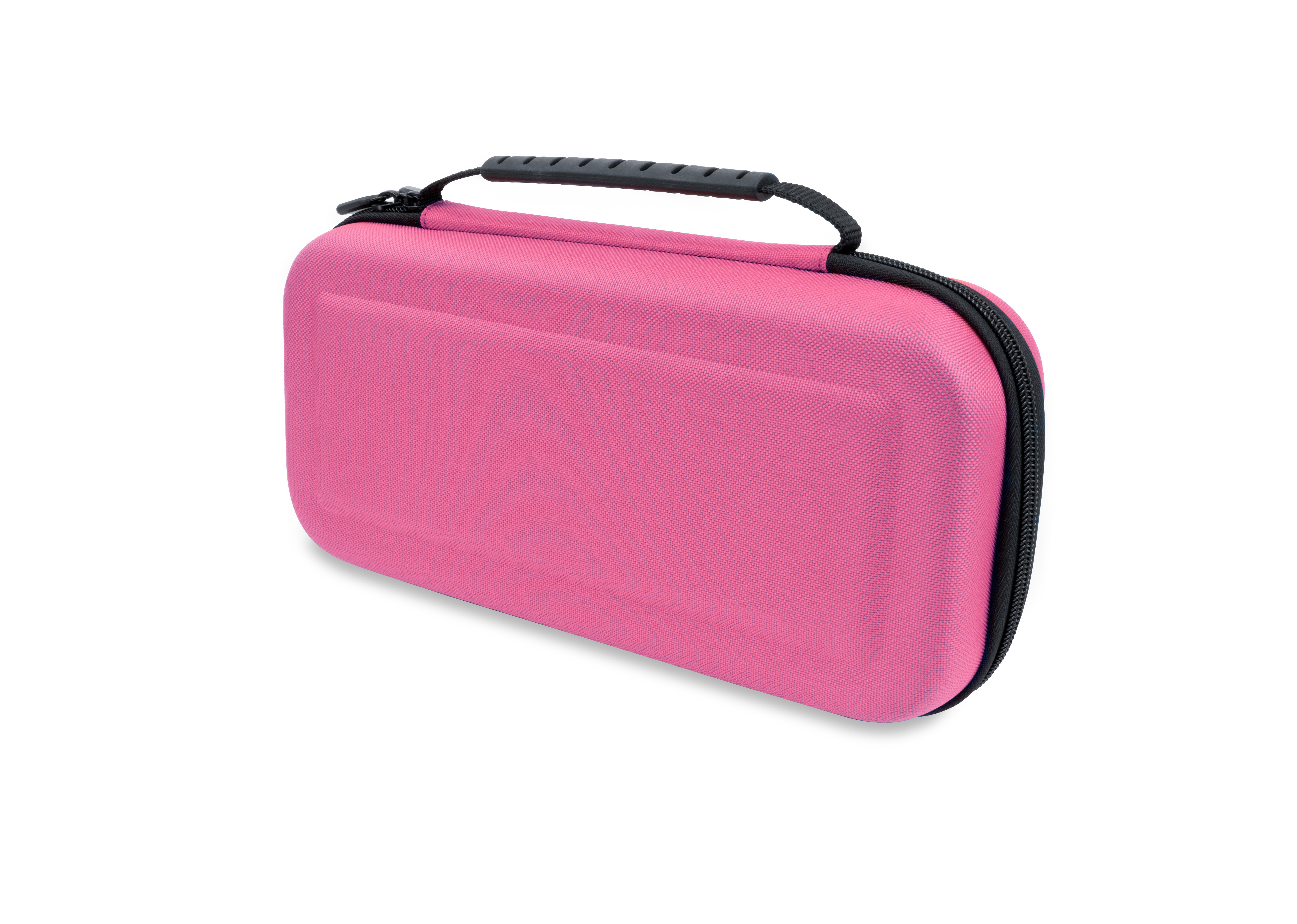 Un estuche rectangular rosa brillante con cremallera y asa negras.