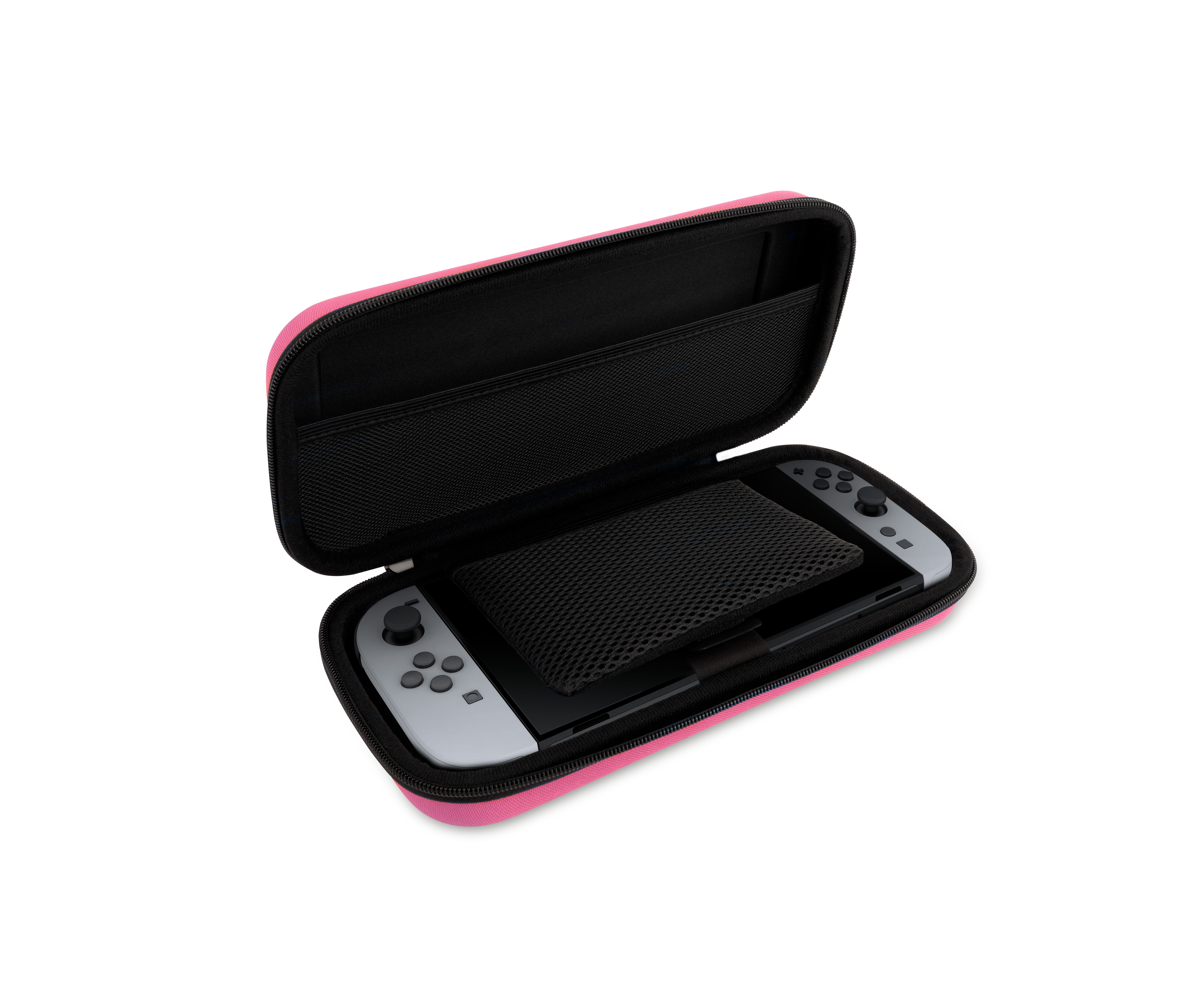 Un estuche rosa con un Nintendo Switch blanco y accesorios.