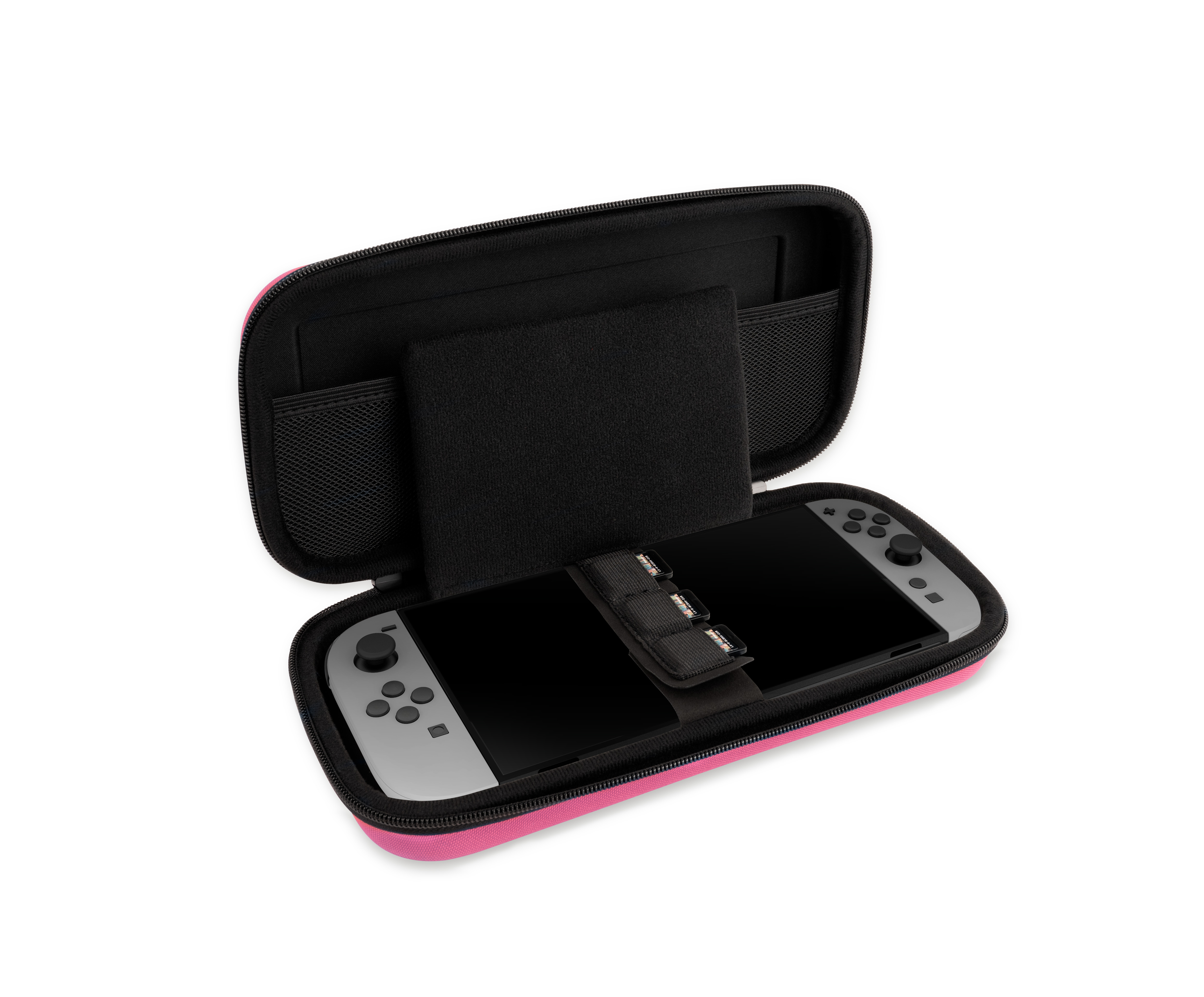 Un estuche rosa que contiene un Nintendo Switch y accesorios.
