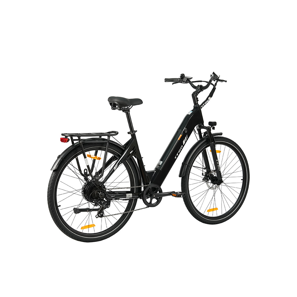 Bicicletta elettrica nera con portapacchi, parafanghi e riflettori.