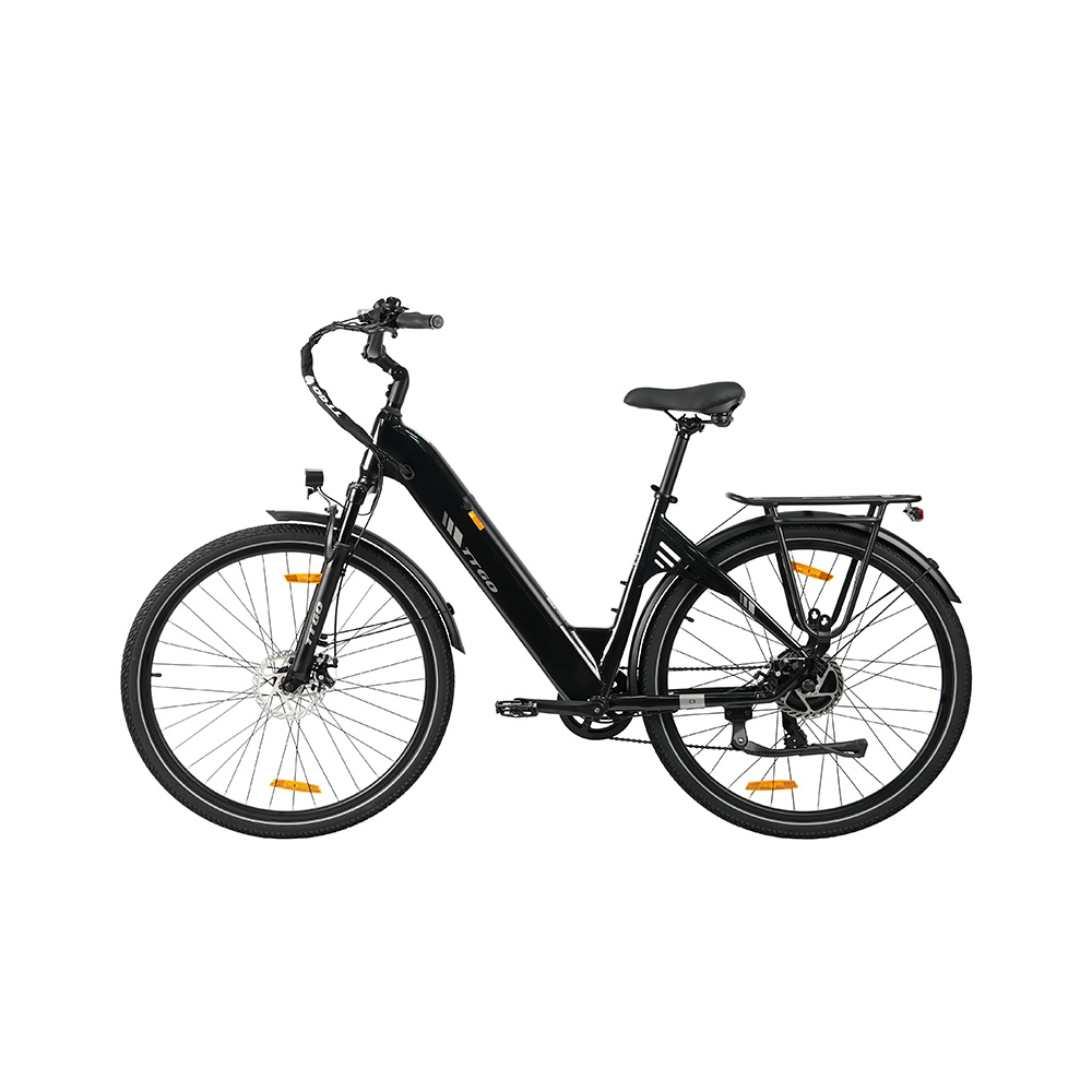 Una bicicletta elettrica nera con portapacchi e pneumatici larghi si erge su sfondo bianco.
