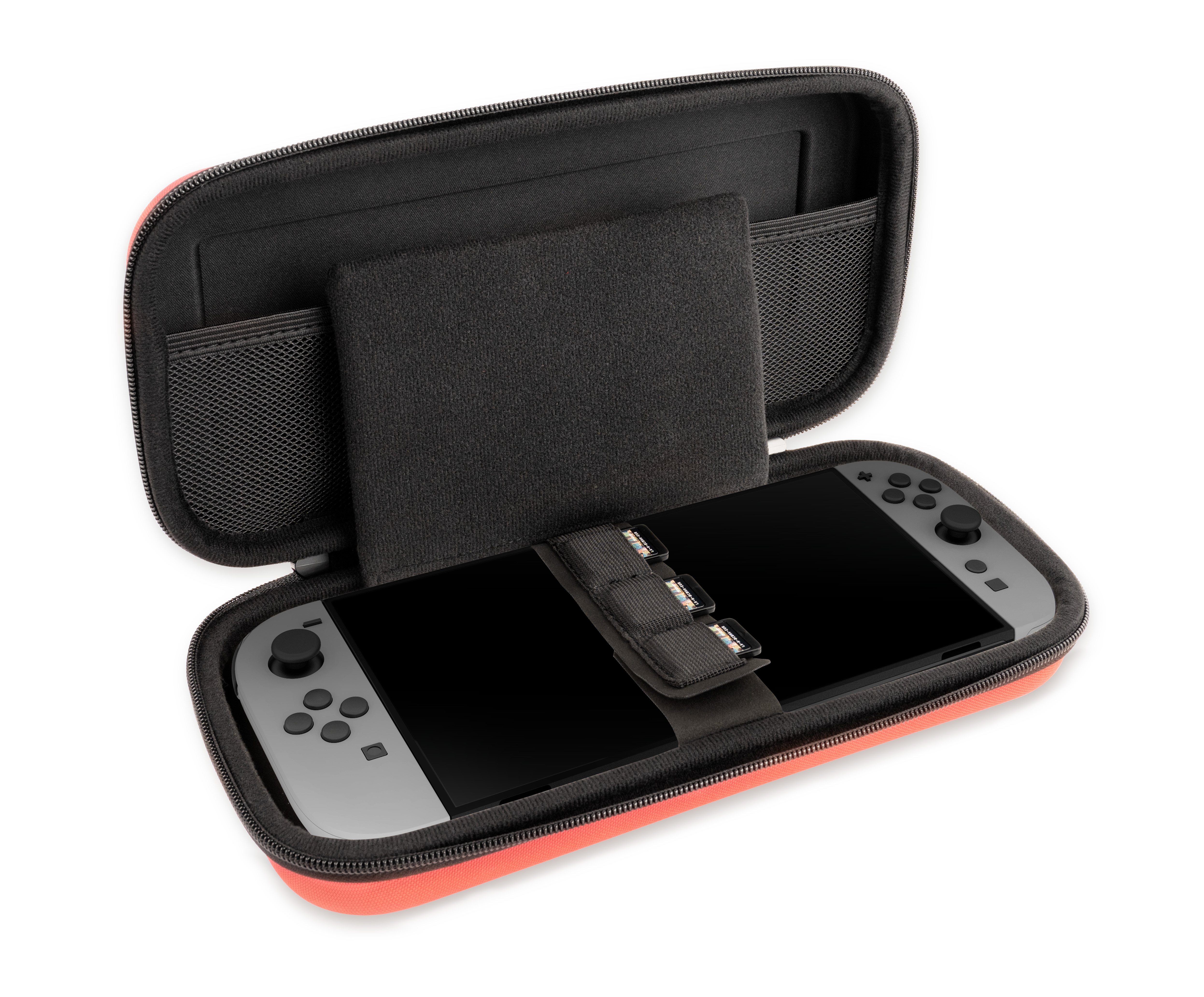 Una custodia rossa aperta per Nintendo Switch con una console portatile grigia all'interno.