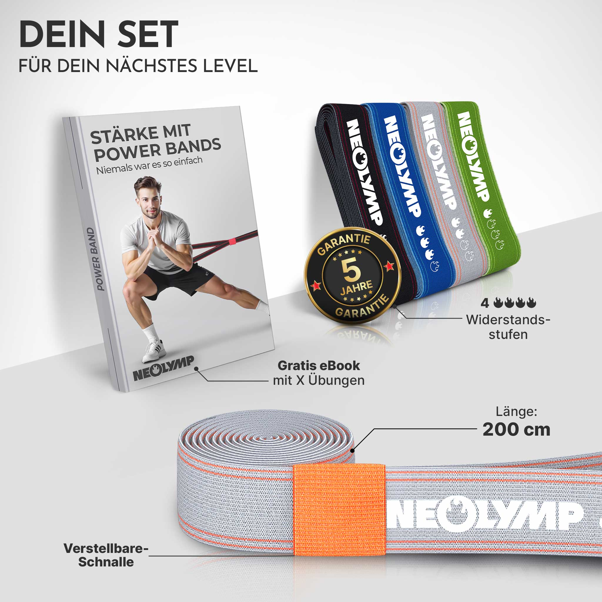 Set mit Power-Bändern, eBook, 5 Jahre Garantie und verstellbarer Schnalle.