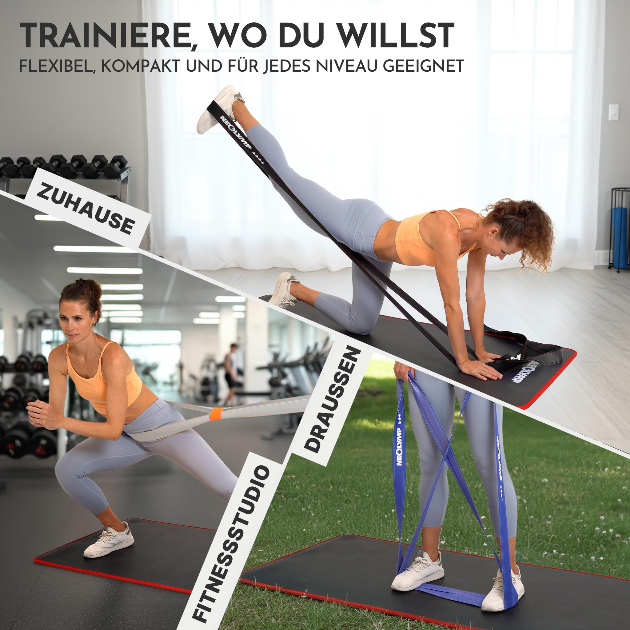 Drei Trainingsszenarien: zu Hause, im Fitnessstudio und draußen.