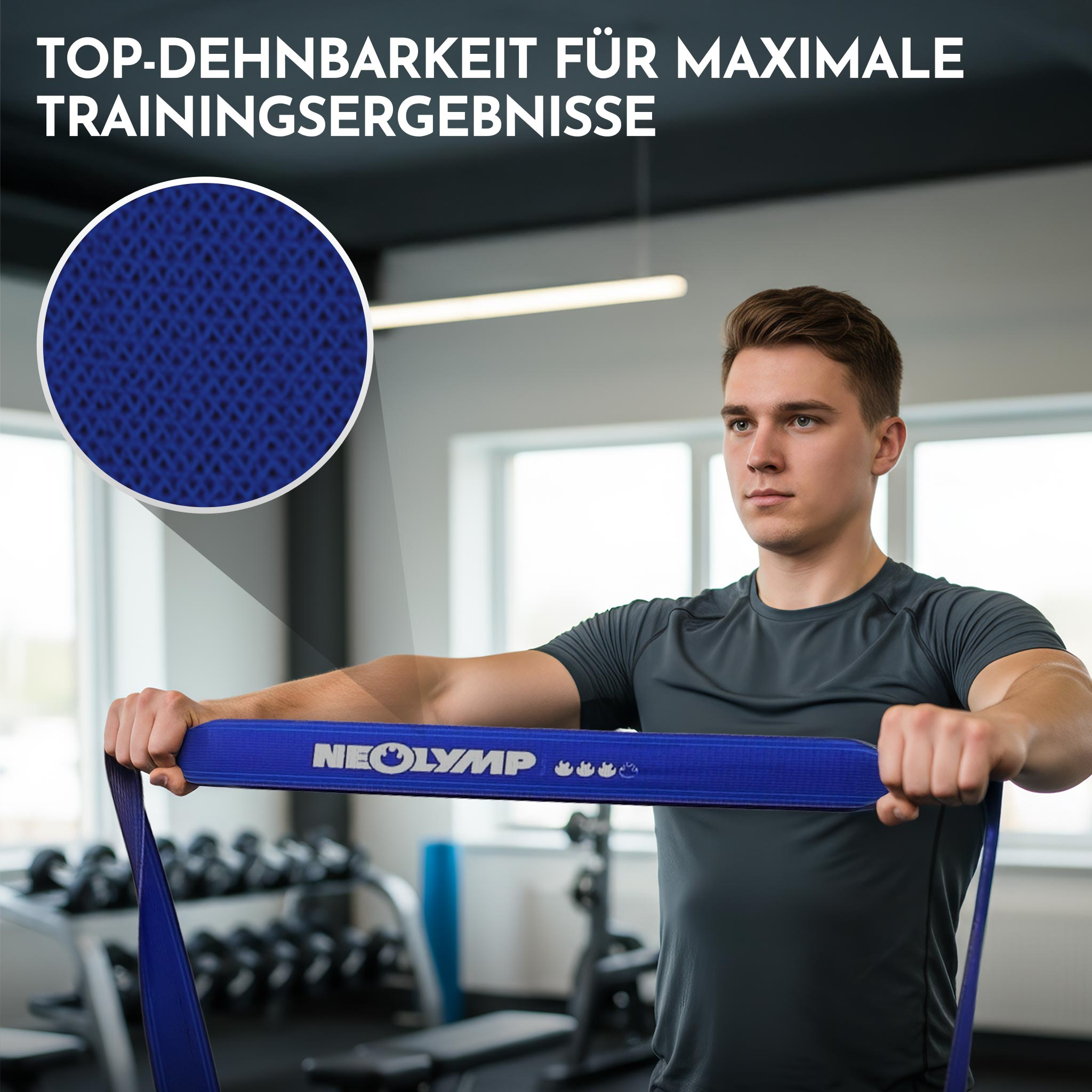 Mann im Fitnessstudio dehnt blaues Band mit "NEOLYMP" Logo. Nahaufnahme des Materials.