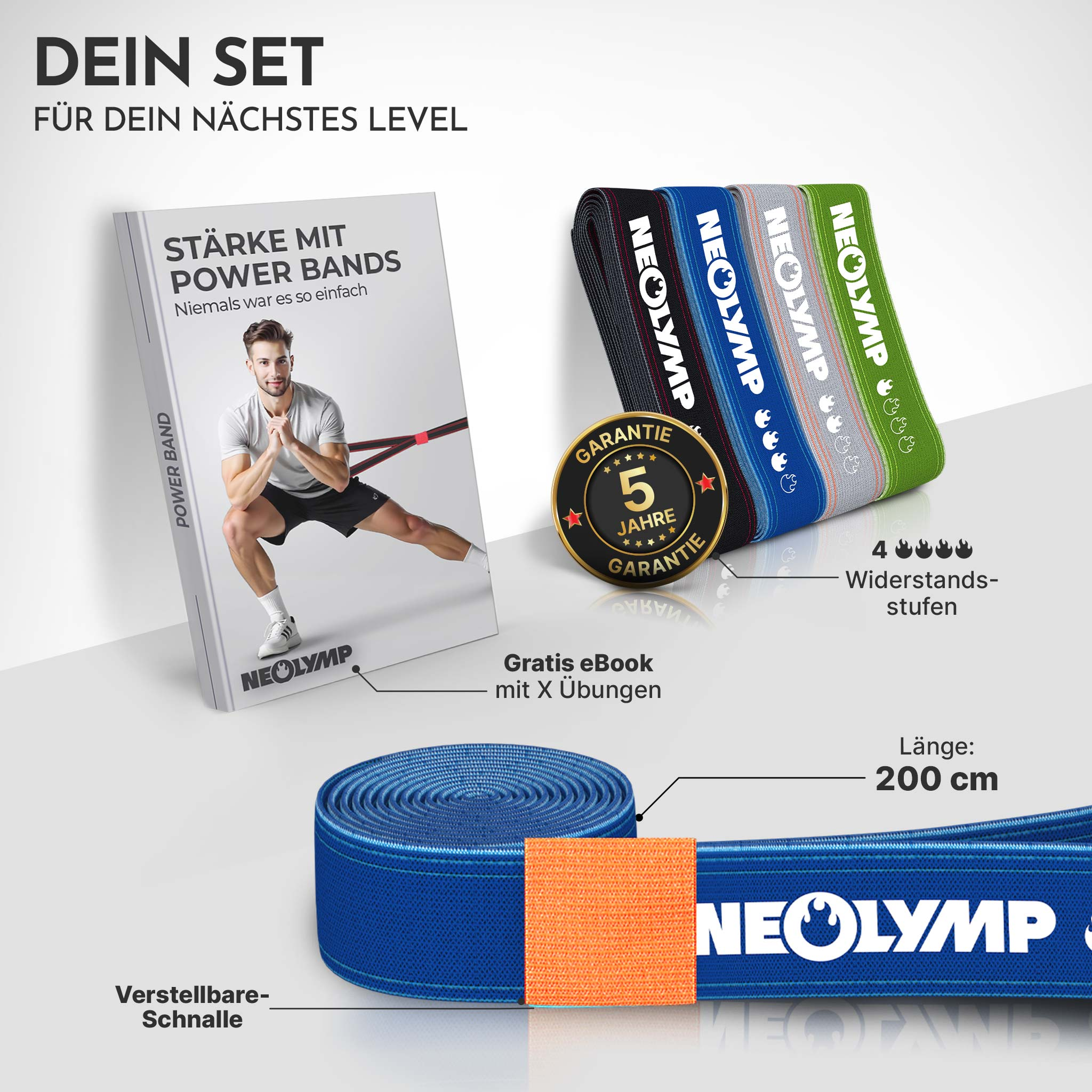 Ein Mann trainiert mit Power-Bändern. Mehrere Bänder, ein E-Book und eine Garantiekarte sind zu sehen.