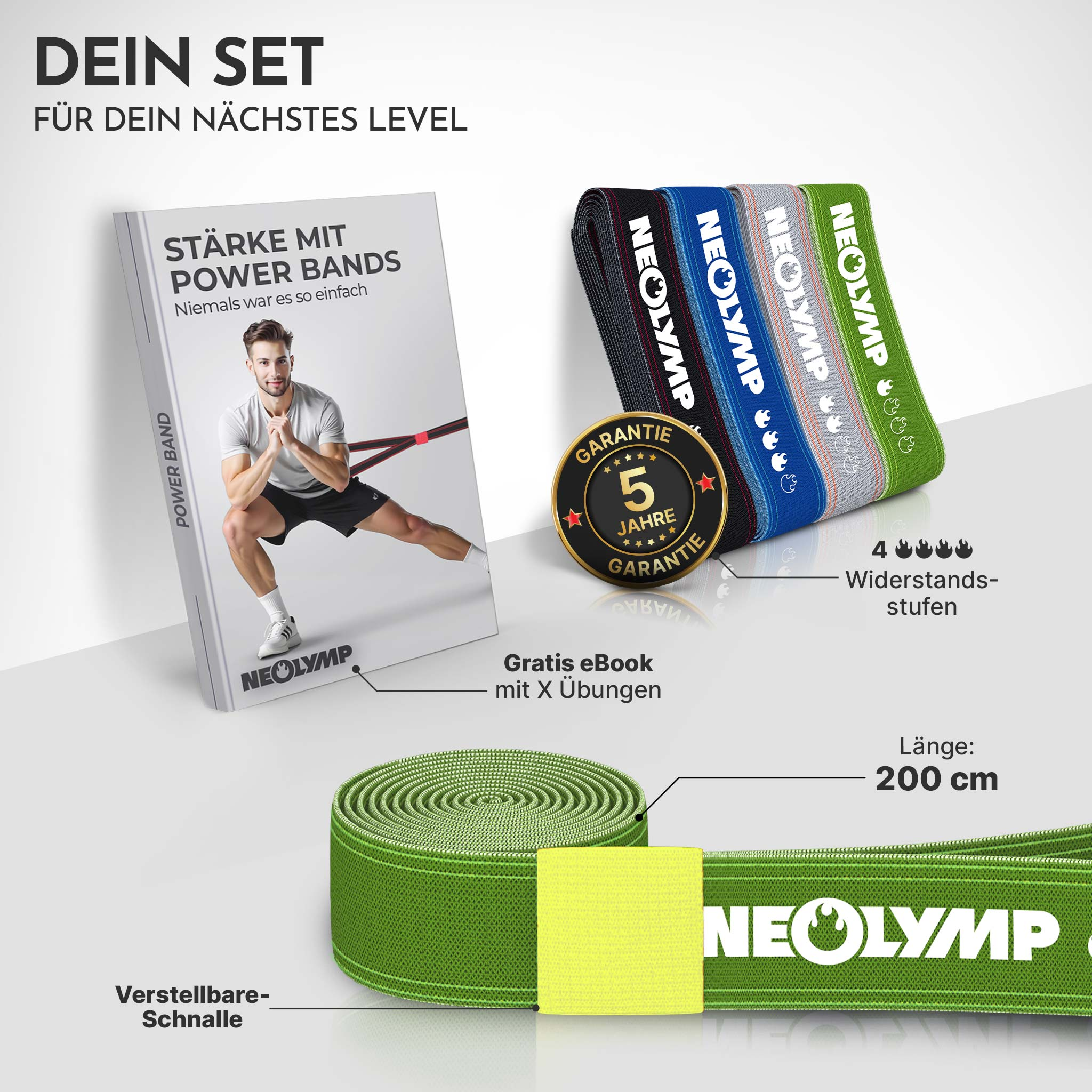 Ein Mann übt mit Power Bands, daneben liegen Bänder in versch. Farben, ein eBook, ein Siegel & Infos.