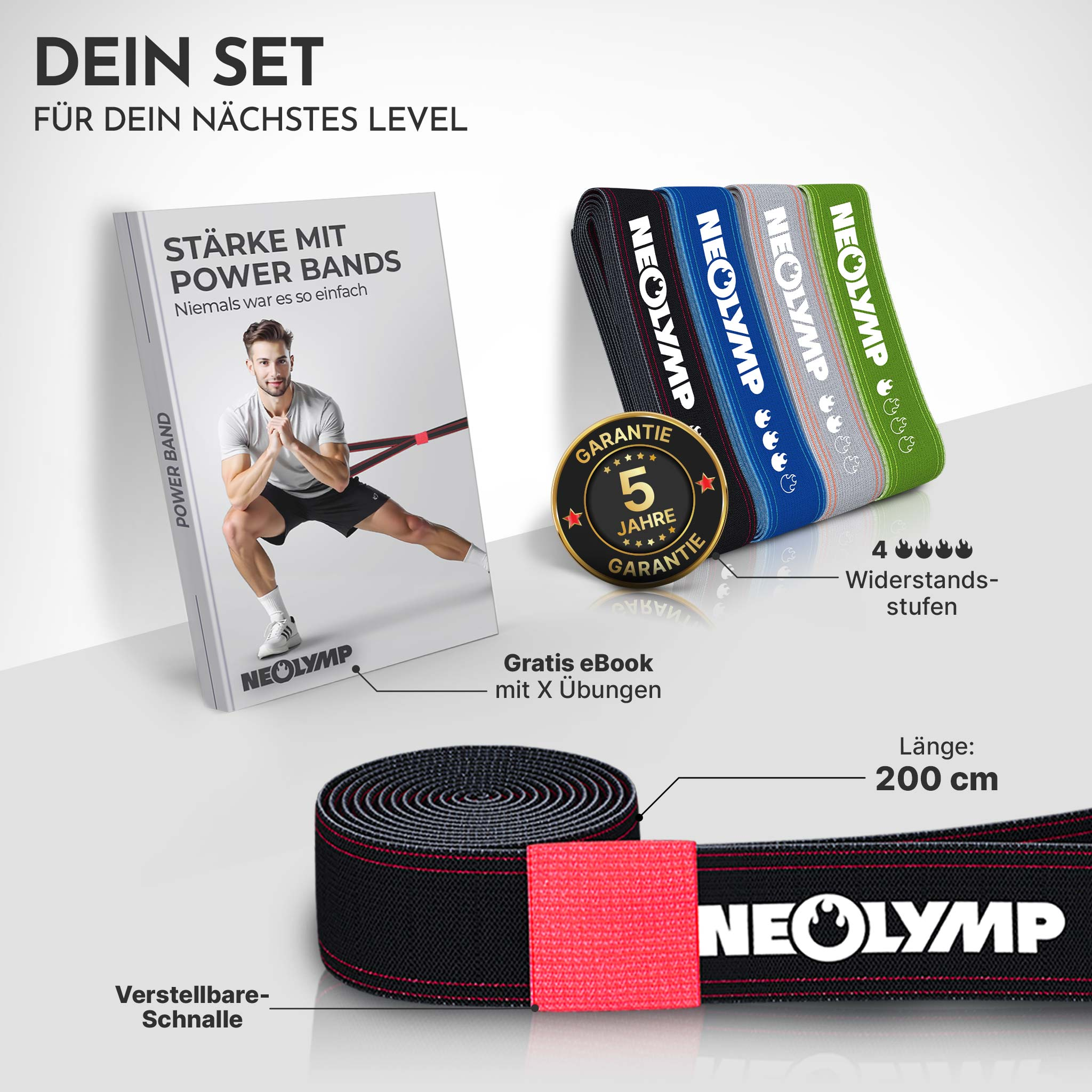 Neolymp Power Bands Set: 4 Widerstandsstufen, 200cm Länge, verstellbare Schnalle, Gratis eBook.