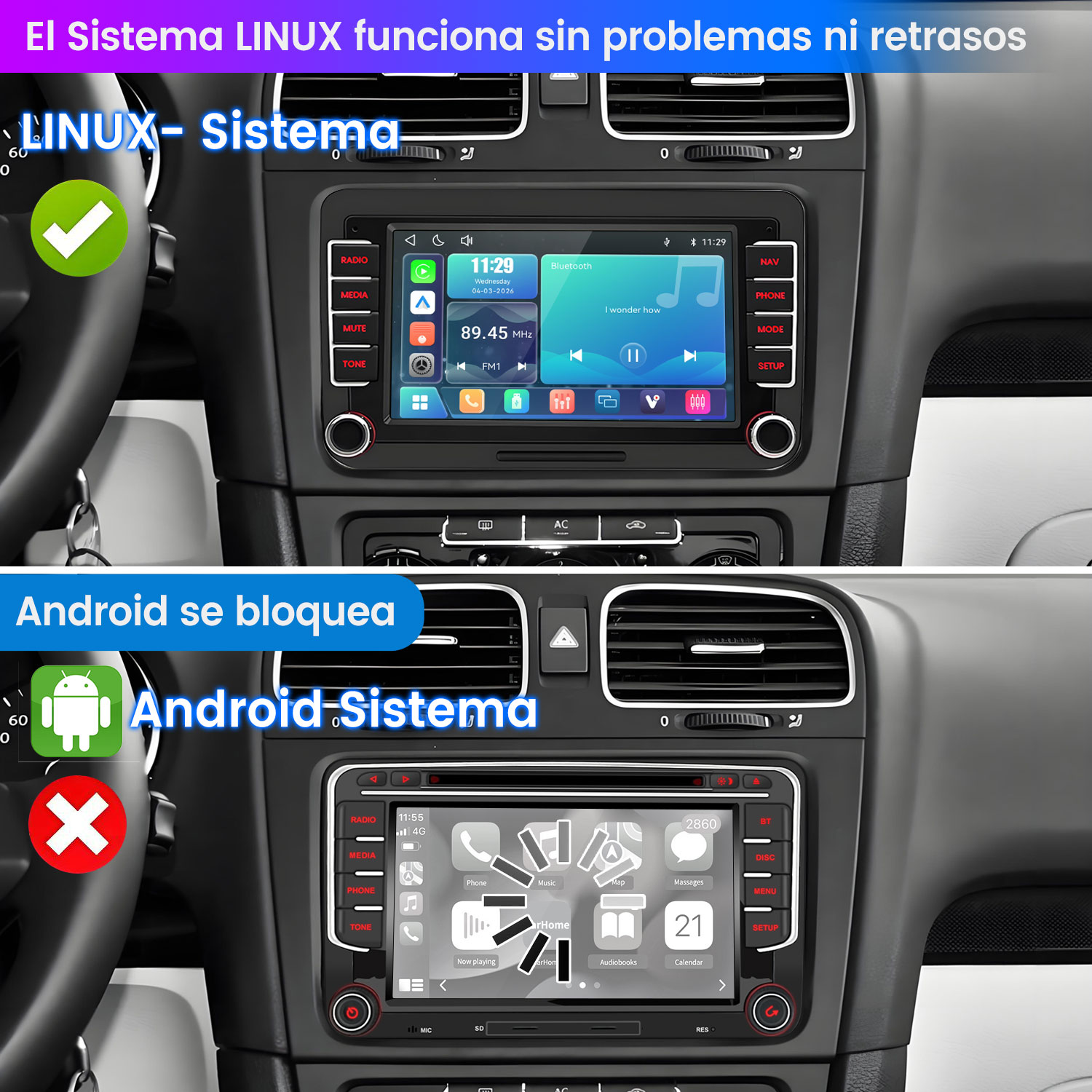 Arriba: Sistema Linux en un coche. Abajo: Sistema Android en un coche.