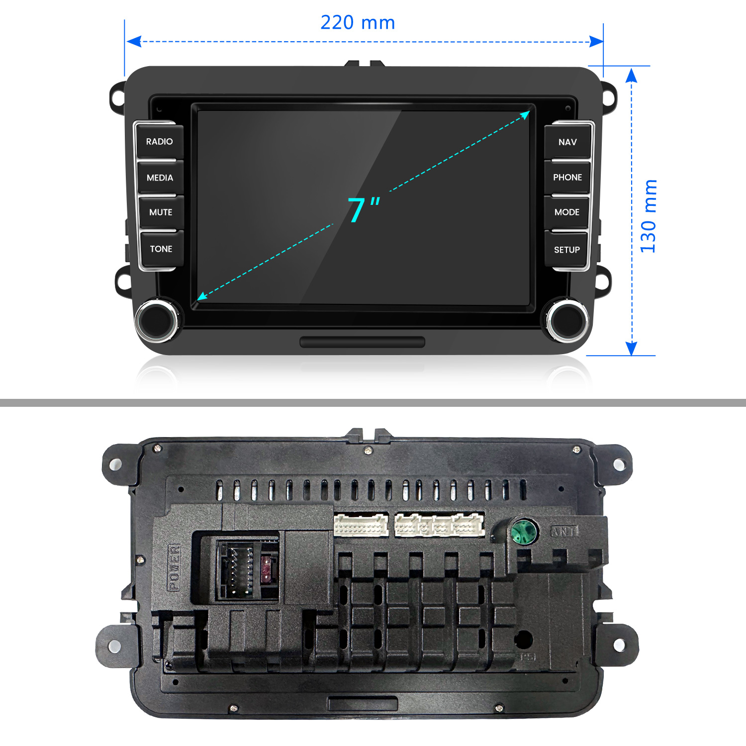 Un display autoradio da 7 pollici con pulsanti e retro connettori.
