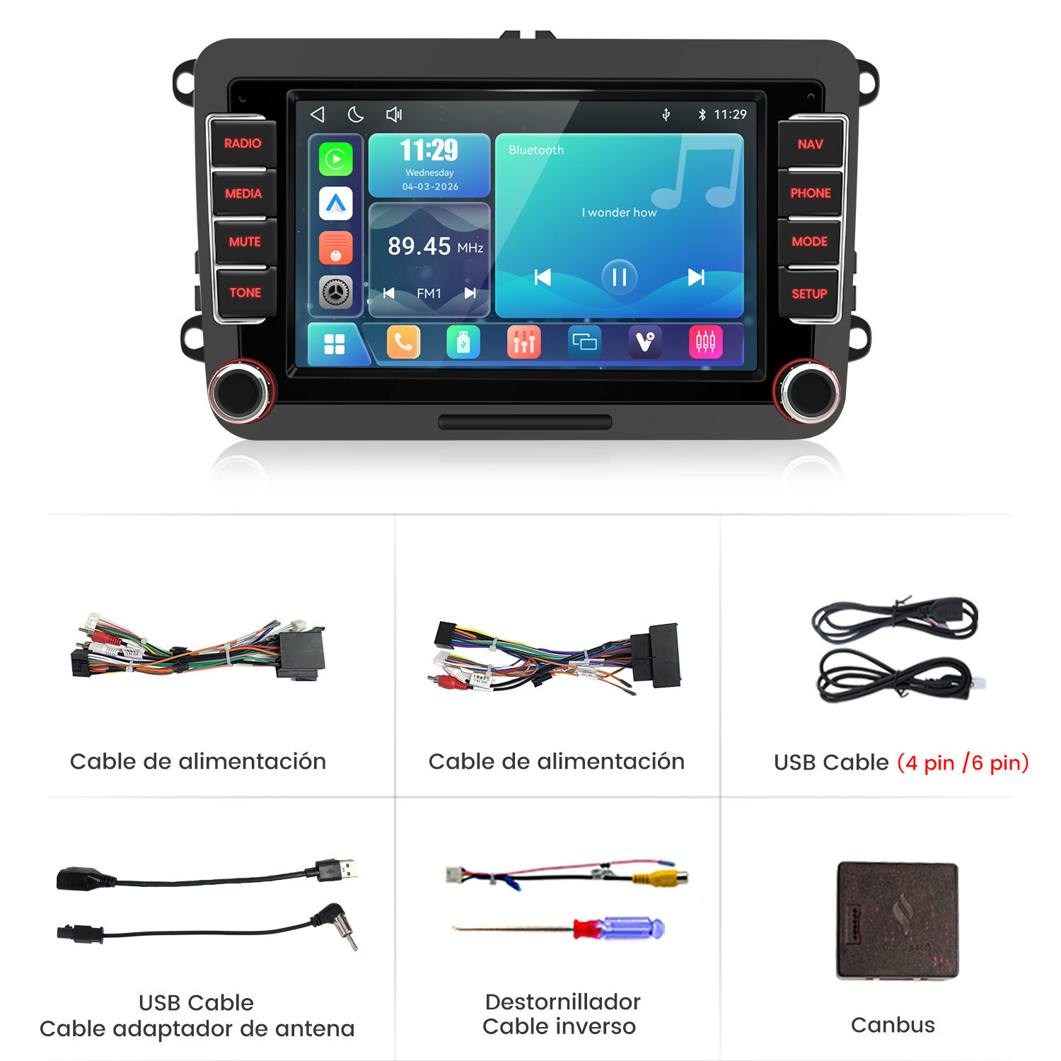 Radio de coche con accesorios: cables, USB, destornillador y Canbus.