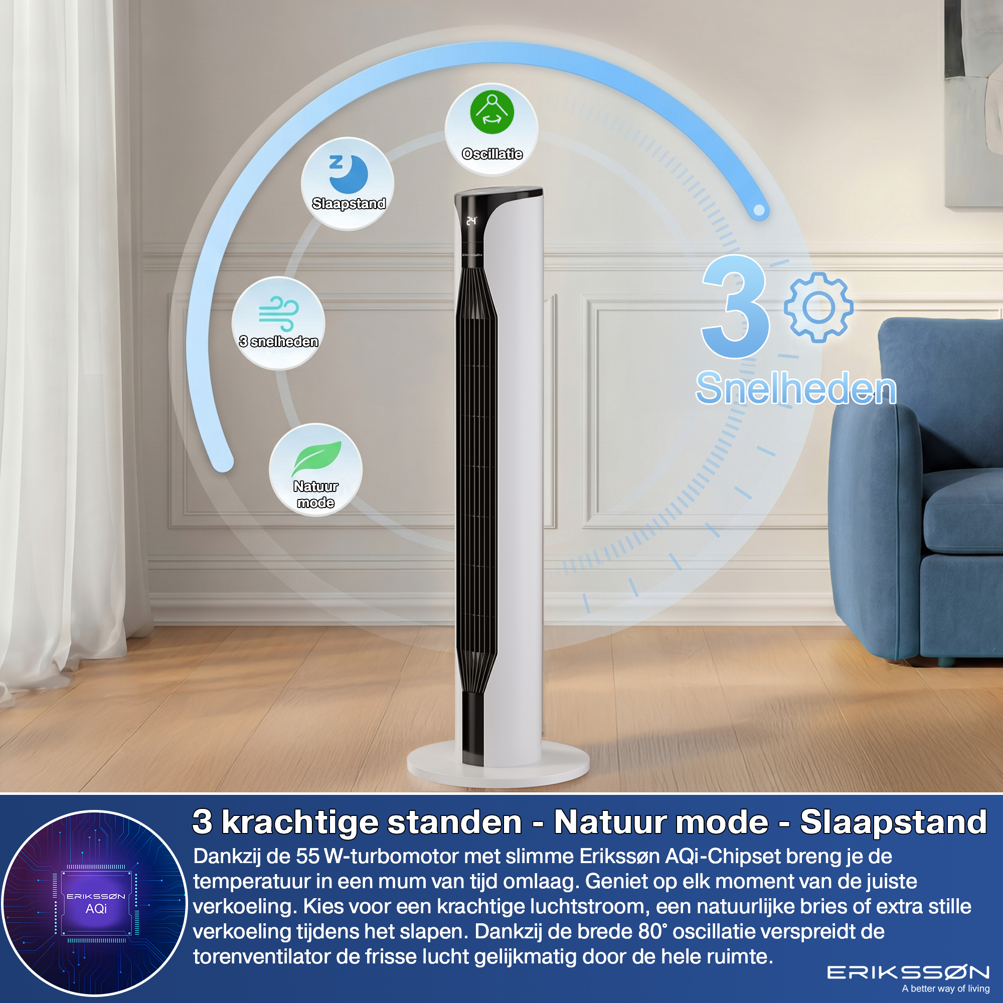 Ein schlanker weißer Turmventilator mit Bedienelementen für Schlaf-, Natur- und 3 Geschwindigkeitsmodi.