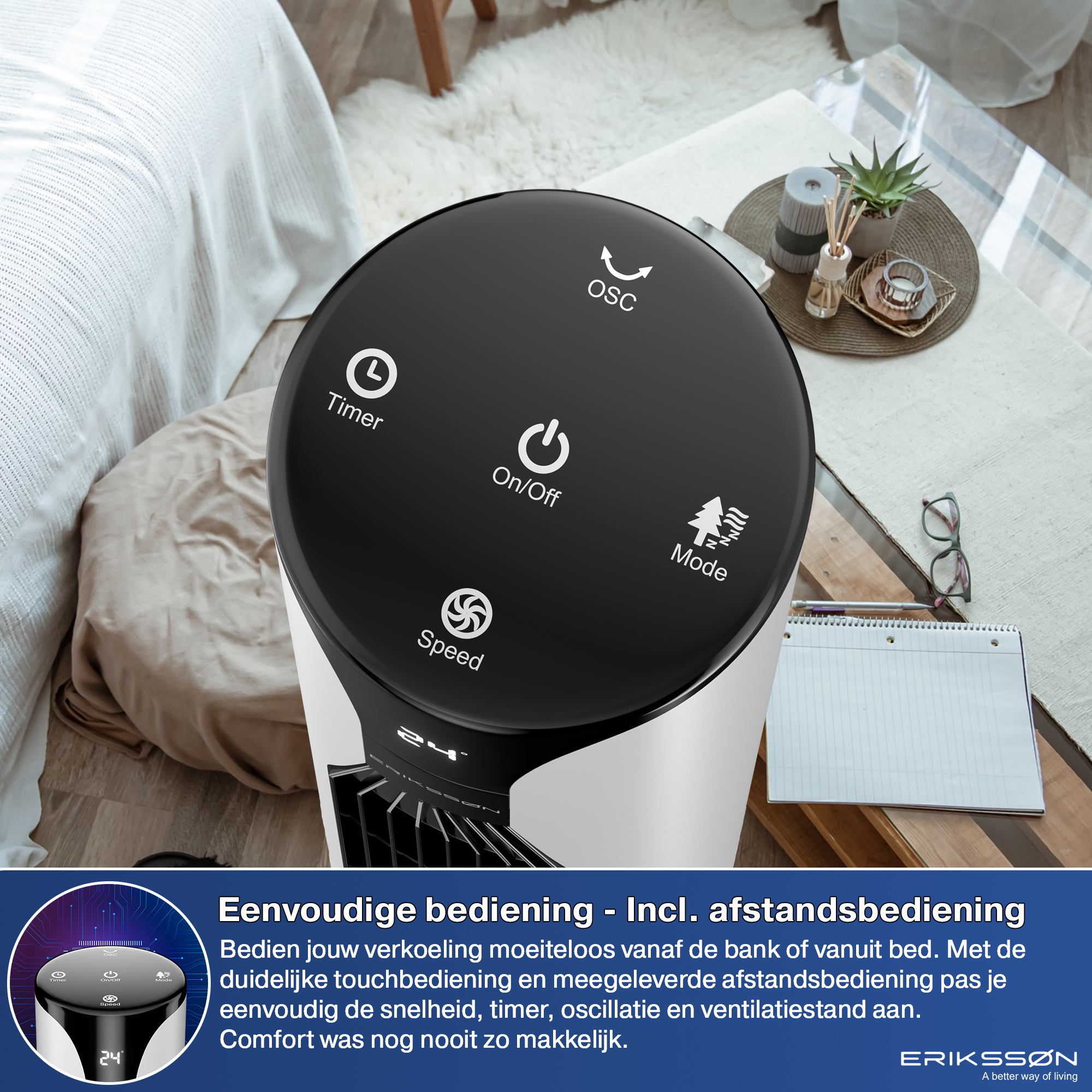Ein Lüfter mit Touchscreen-Bedienfeld zeigt Timer, Geschwindigkeit, Modus und Oszillation.