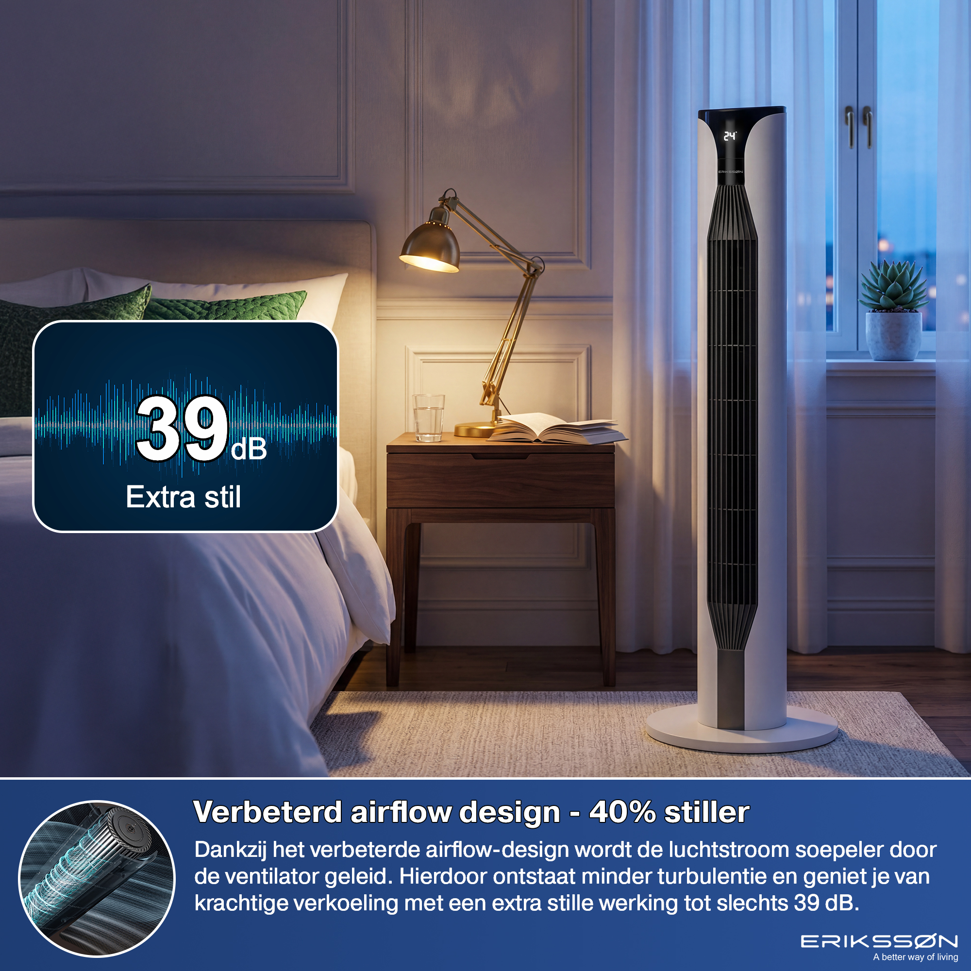 Ein Turmventilator steht neben einem Bett, mit einer Nachttischlampe und einem Buch.