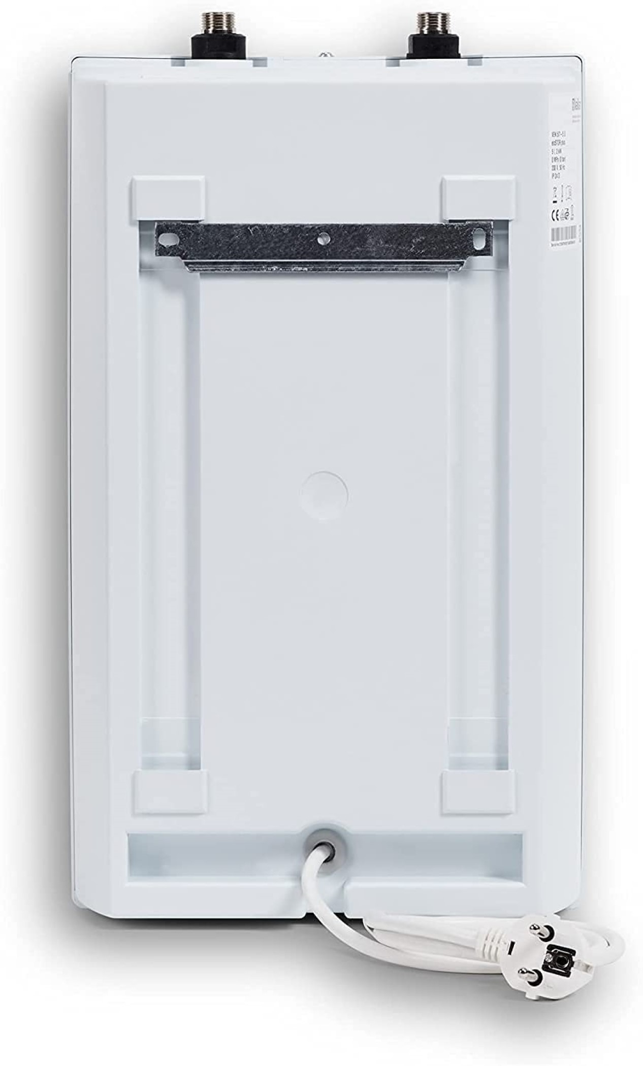 Rückseite eines weißen elektronischen Geräts mit Anschlusskabel und Stecker.