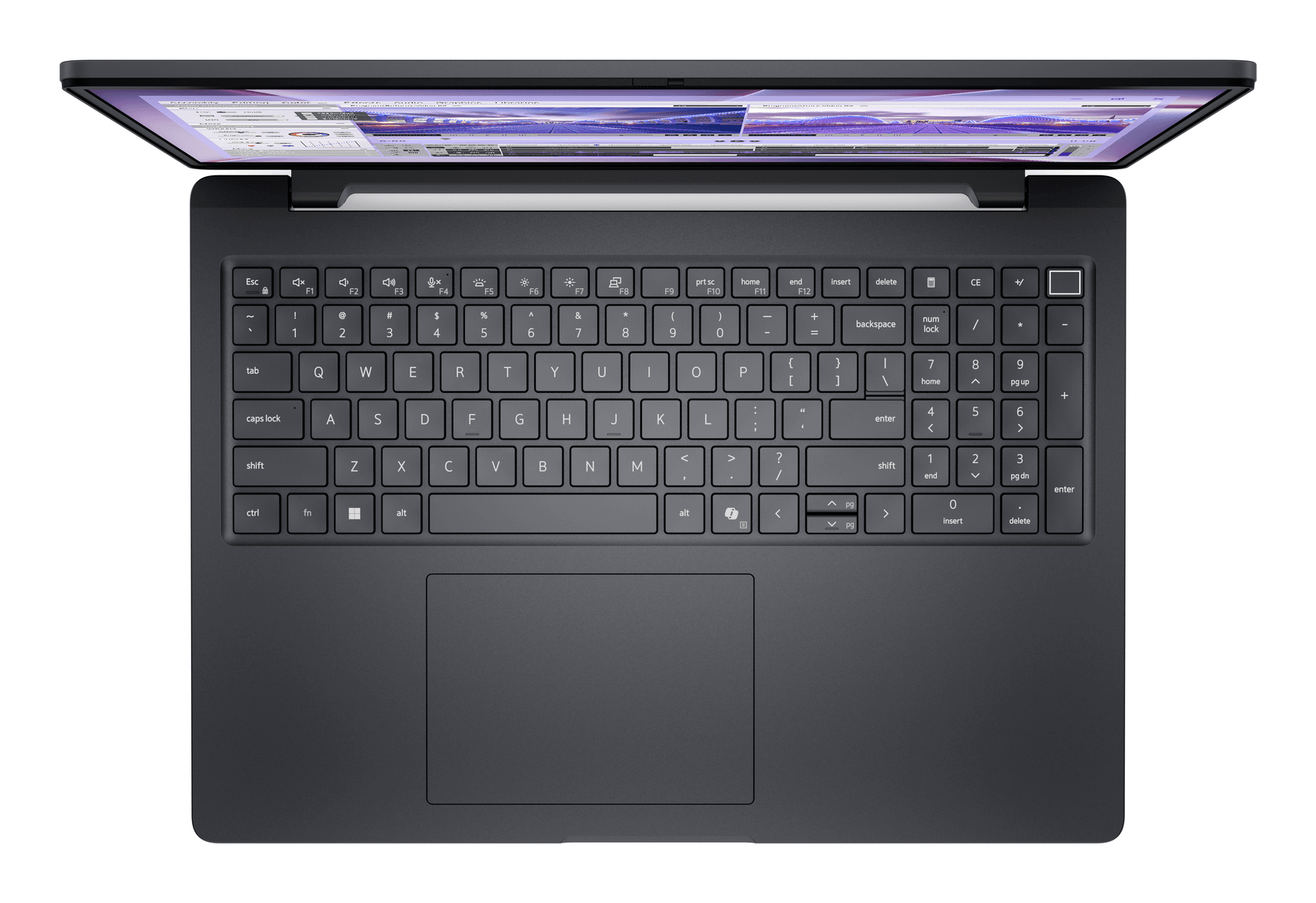 Vista superior de un portátil gris oscuro abierto con teclado y trackpad. La pantalla muestra gráficos.