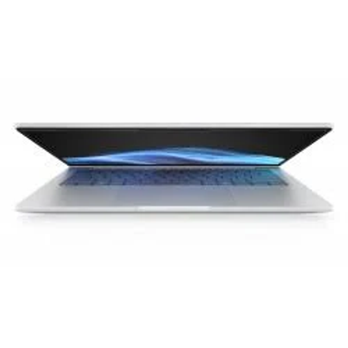 Srebrny laptop z otwartym ekranem, ukazującym niebieską klawiaturę.