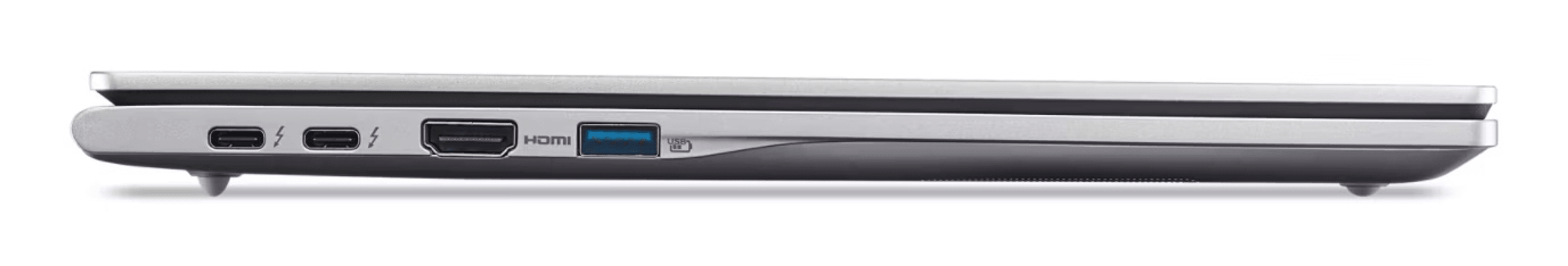 Vista lateral de un portátil plateado con puertos: Thunderbolt, HDMI, USB.