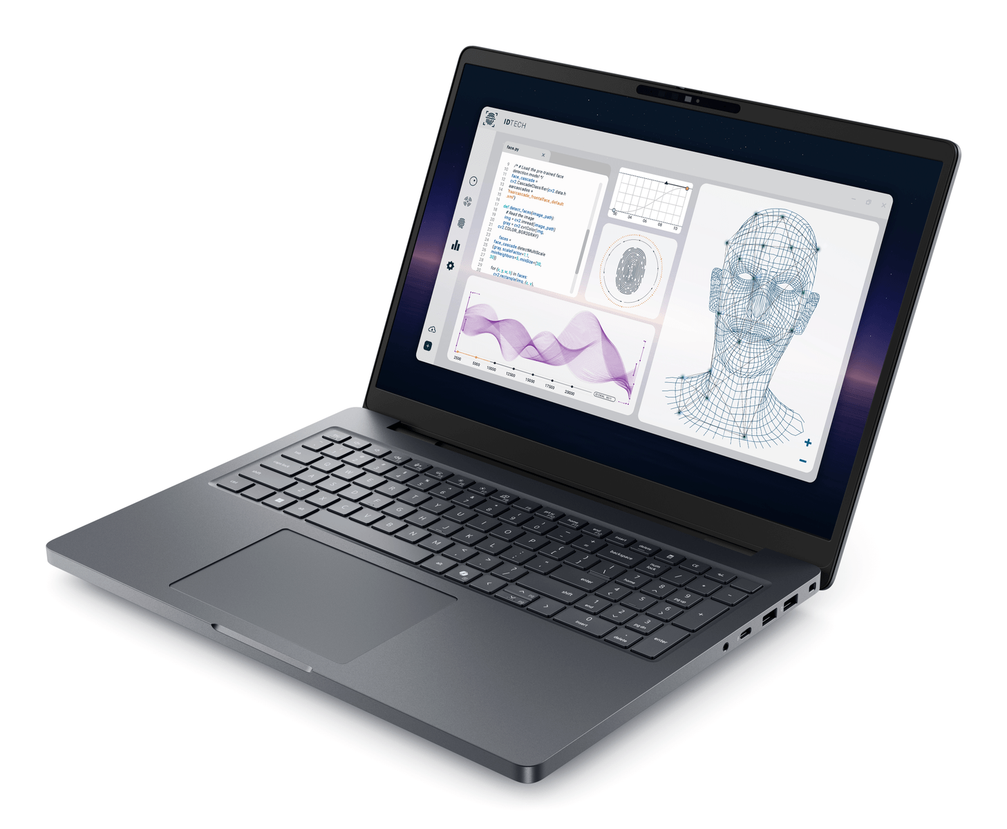 Un portátil muestra código, gráficos, una huella dactilar y un modelo 3D de rostro.