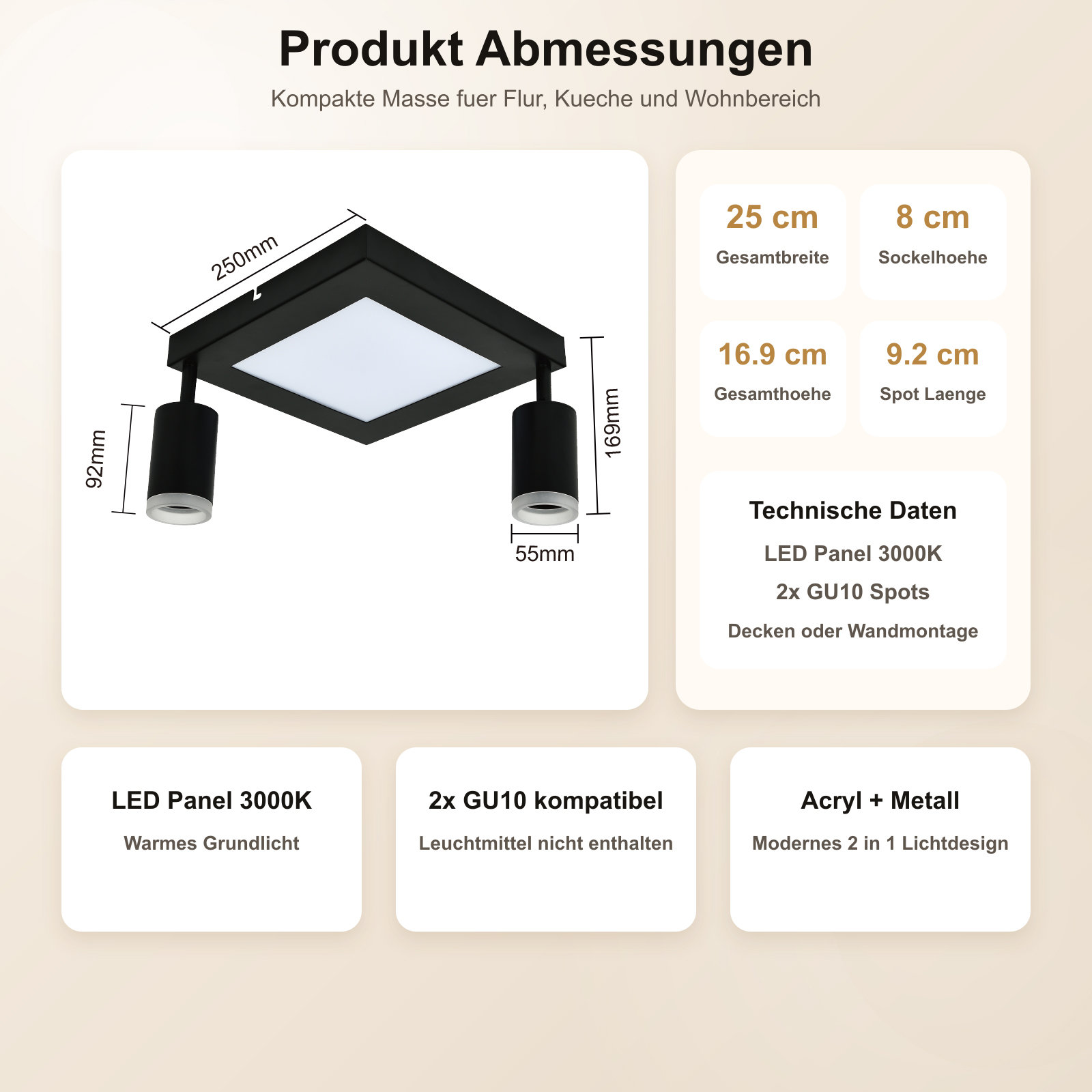 Plafoniera nera con dimensioni: 250x169mm. 2 faretti GU10.