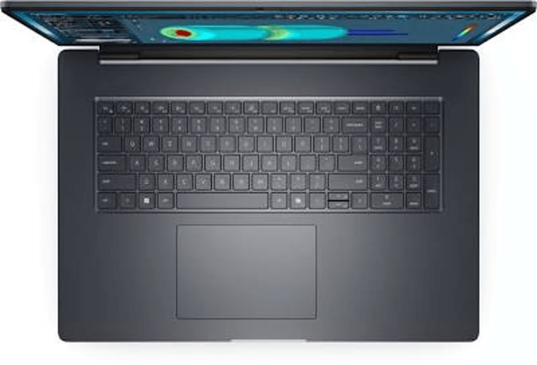 Un portátil oscuro abierto con teclado y panel táctil. La pantalla muestra un mapa de calor.