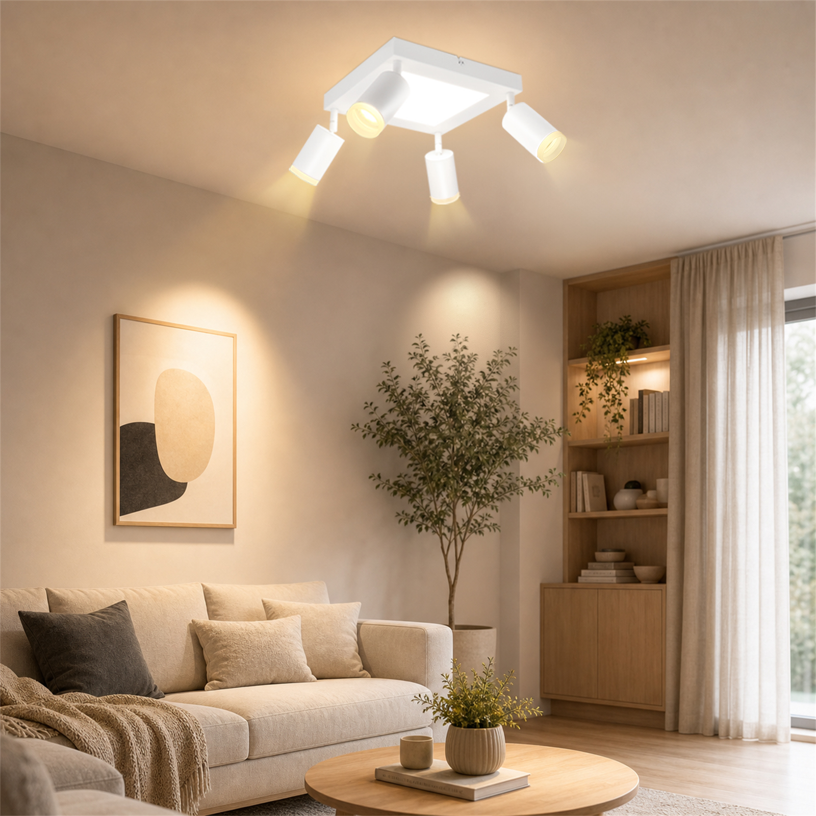 Un faretto da soffitto bianco illumina un soggiorno con divano, tavolino e libreria.