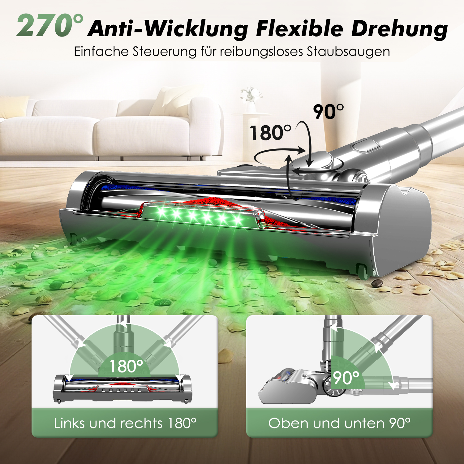 Staubsauger mit 270° flexibler Drehung und grünen LED-Lichtern, zeigt 180°/90° Winkel.