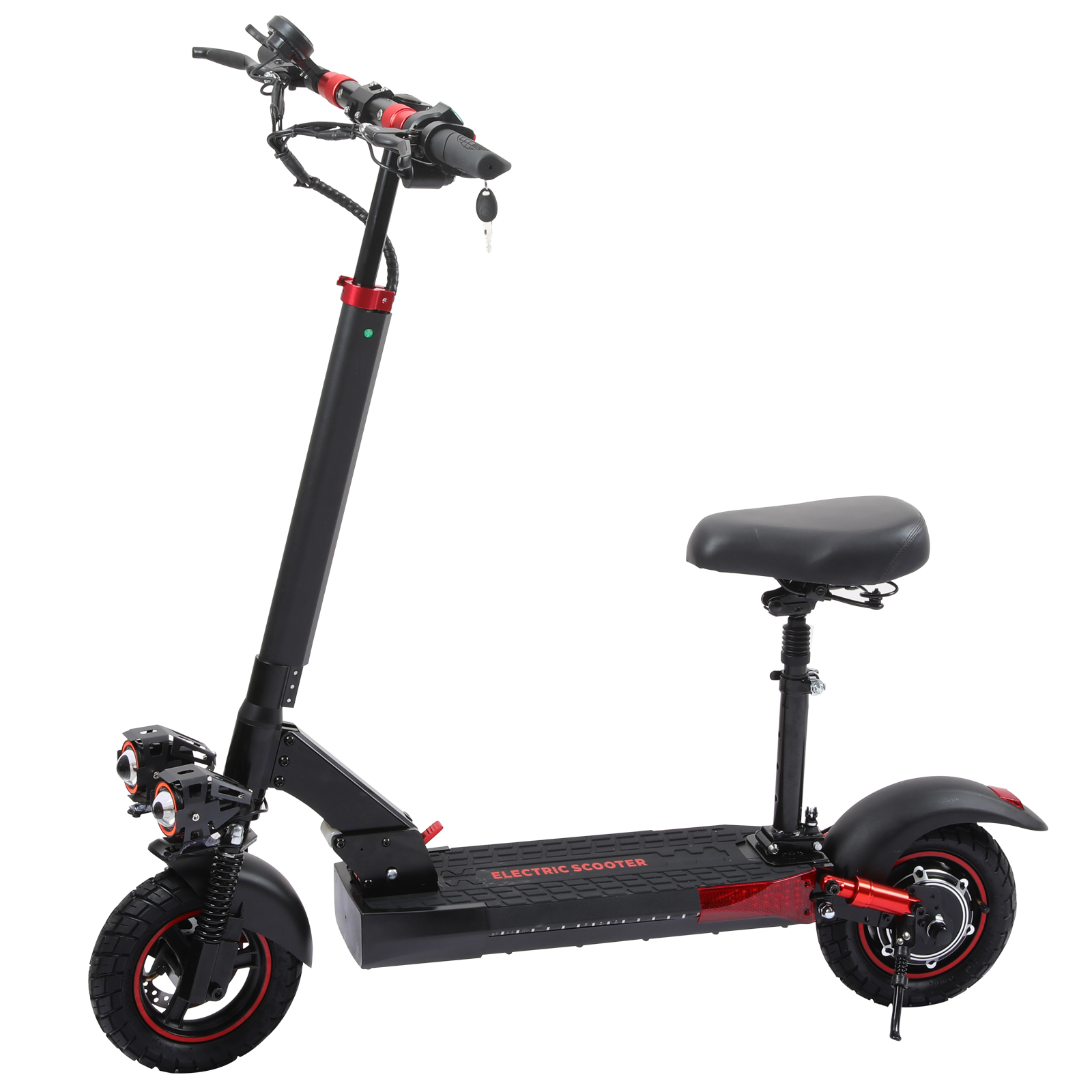 Monopattino elettrico nero con sedile, accenti rossi e doppio faro.