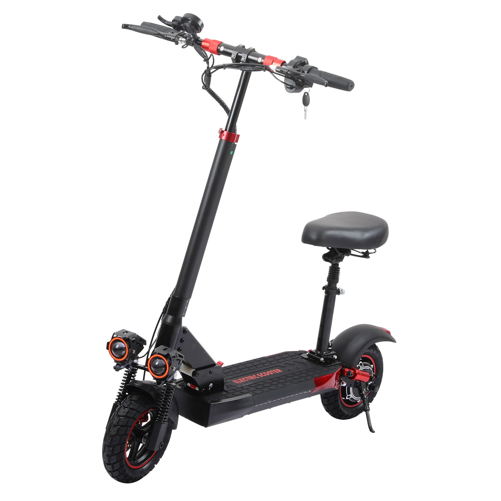Monopattino elettrico nero con sedile, accenti rossi e doppio faro.