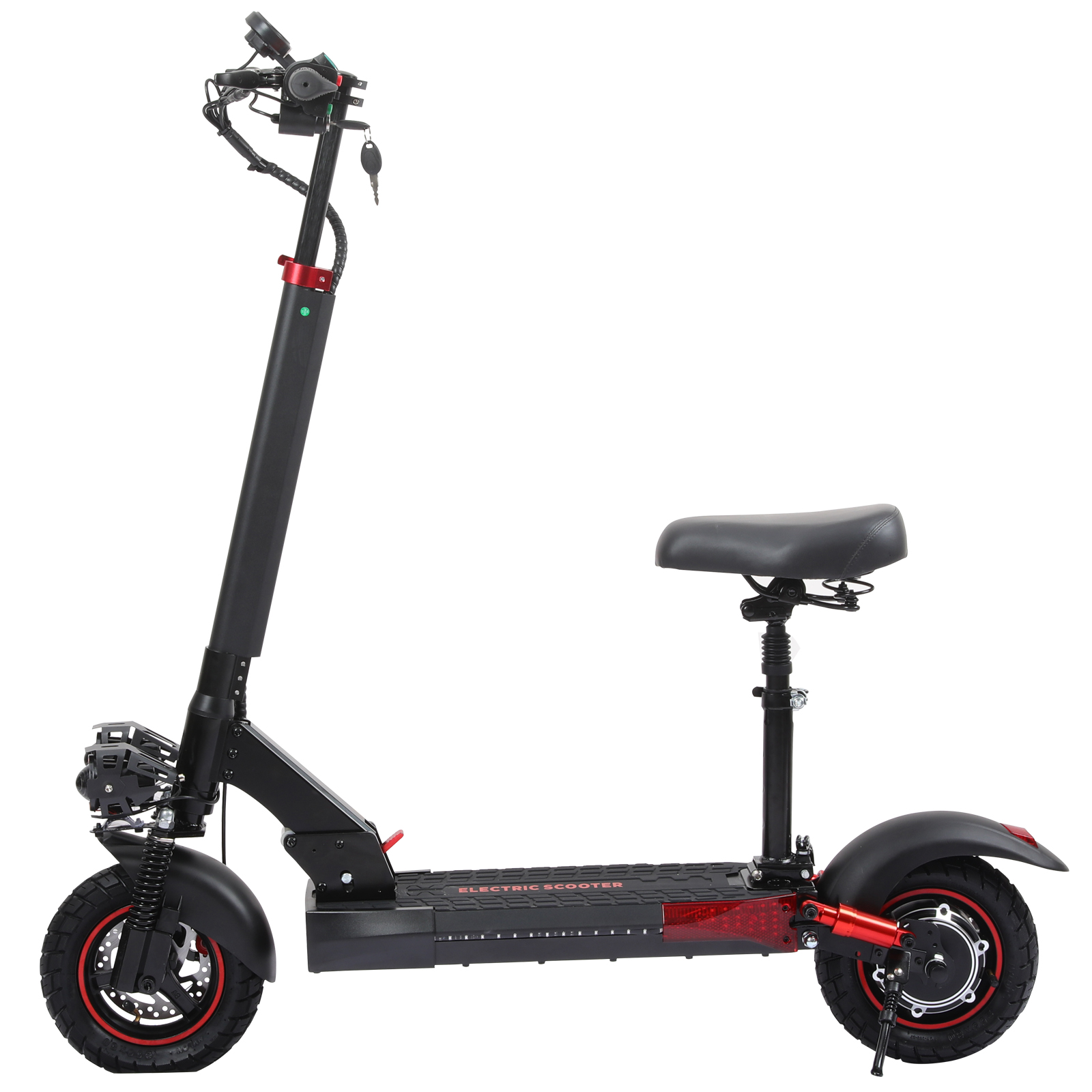 Monopattino elettrico nero con sedile, ruote anteriori e posteriori, manubrio e faro.