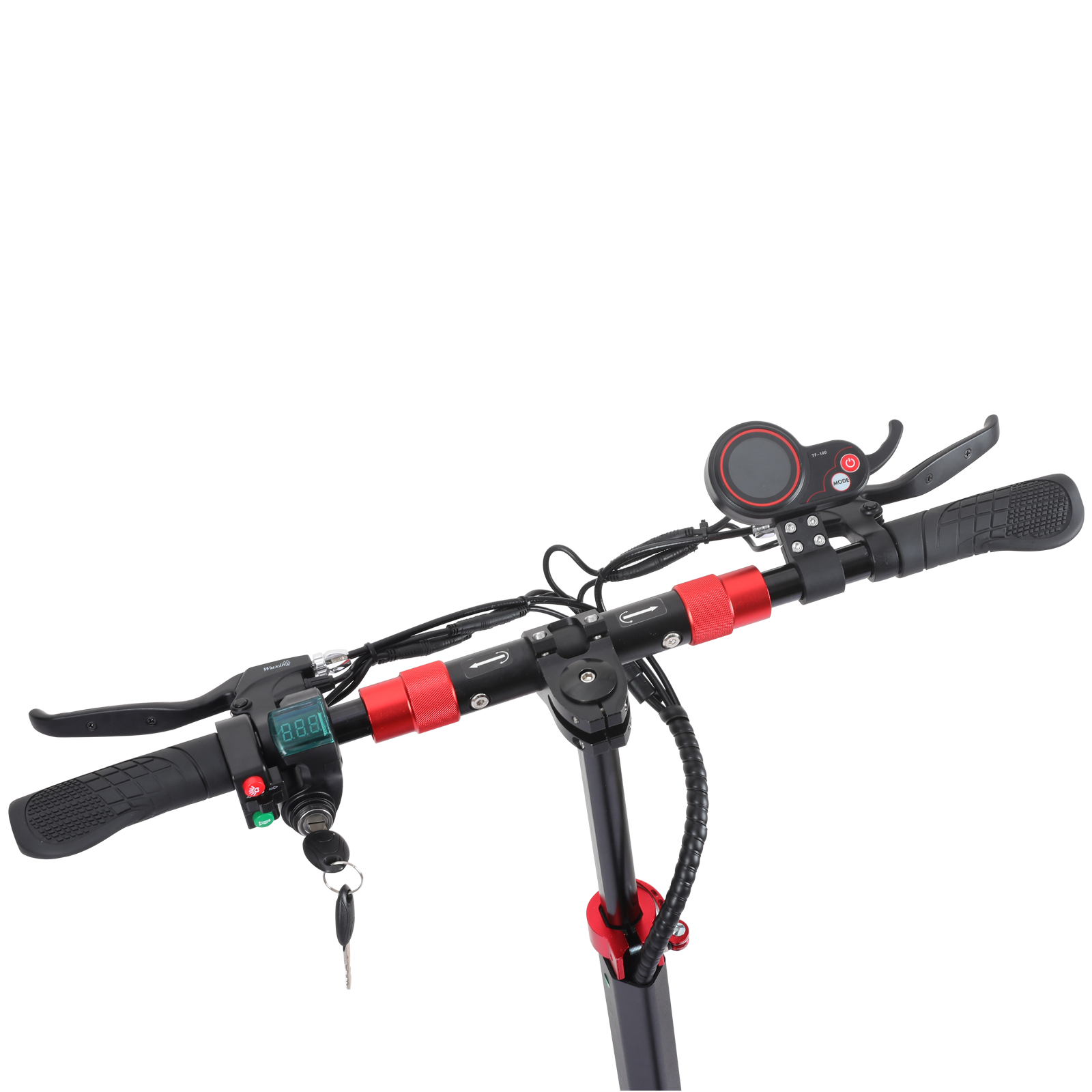 Manubrio monopattino elettrico con display, freni e accenti rossi.