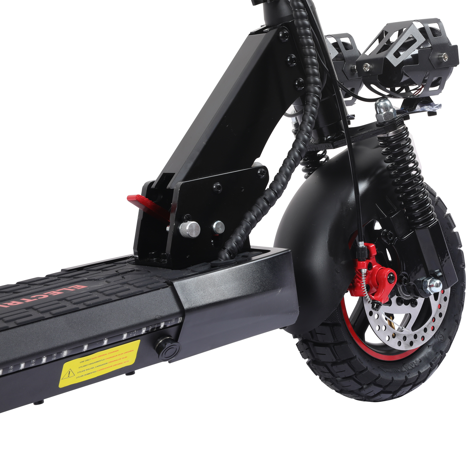 Primo piano di uno scooter elettrico nero, con sospensioni e freno a disco.