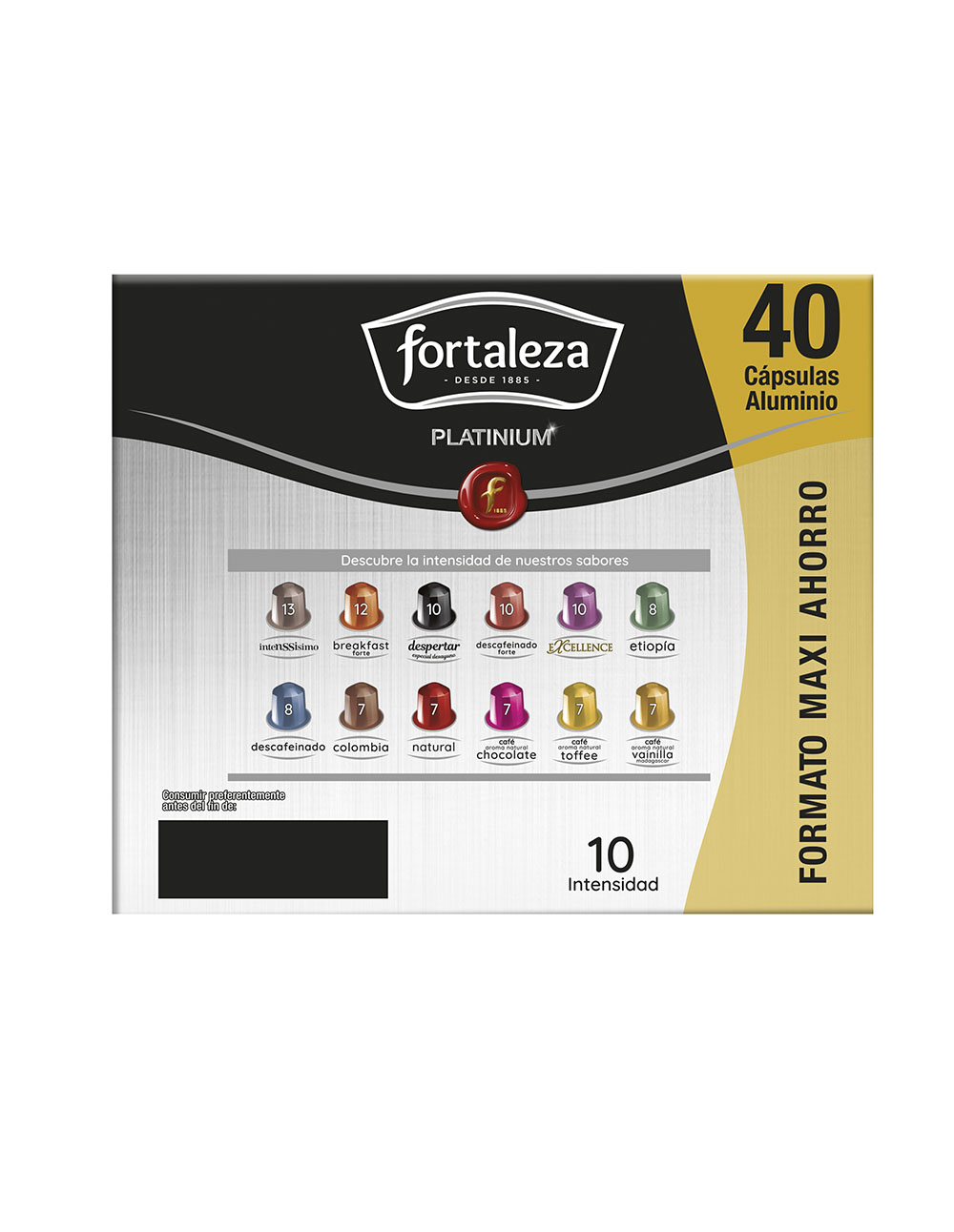 Caja con 40 cápsulas de café de aluminio en varios sabores e intensidades.