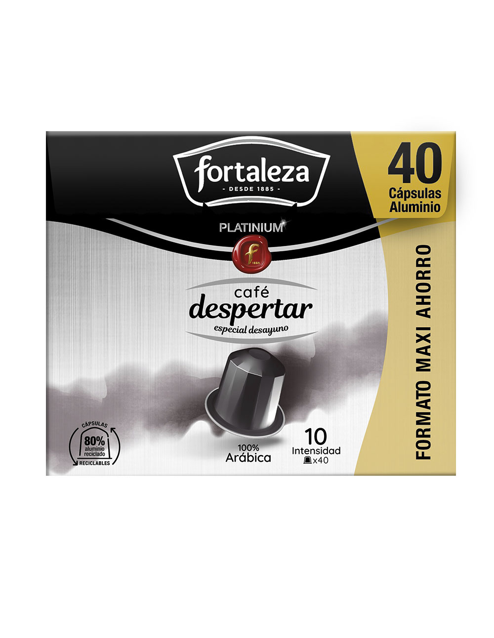 Caja de 40 cápsulas de café Fortaleza, línea Platinium, 100% Arábica.
