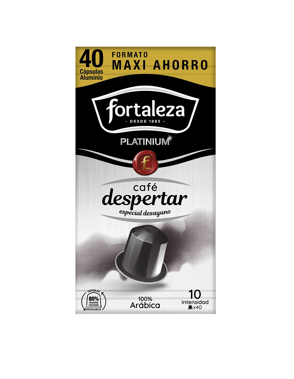 Cápsulas de café Fortaleza, pack 40 Maxi Ahorro, Platinium, mezcla Despertar, 100% Arábica.