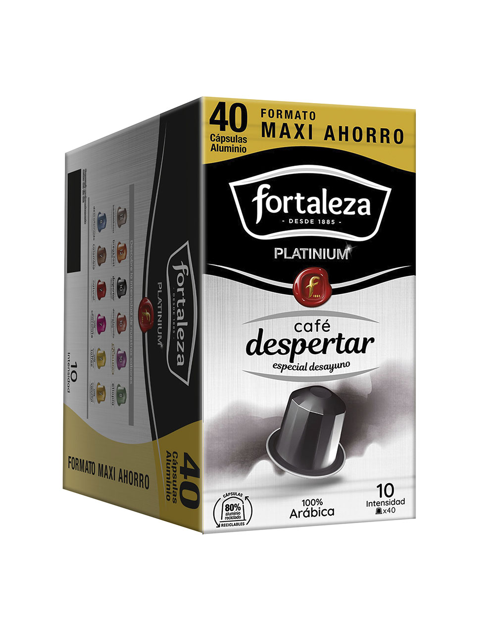 Caja de 40 cápsulas de café Fortaleza, Platinium, 100% Arábica, intensidad 10.