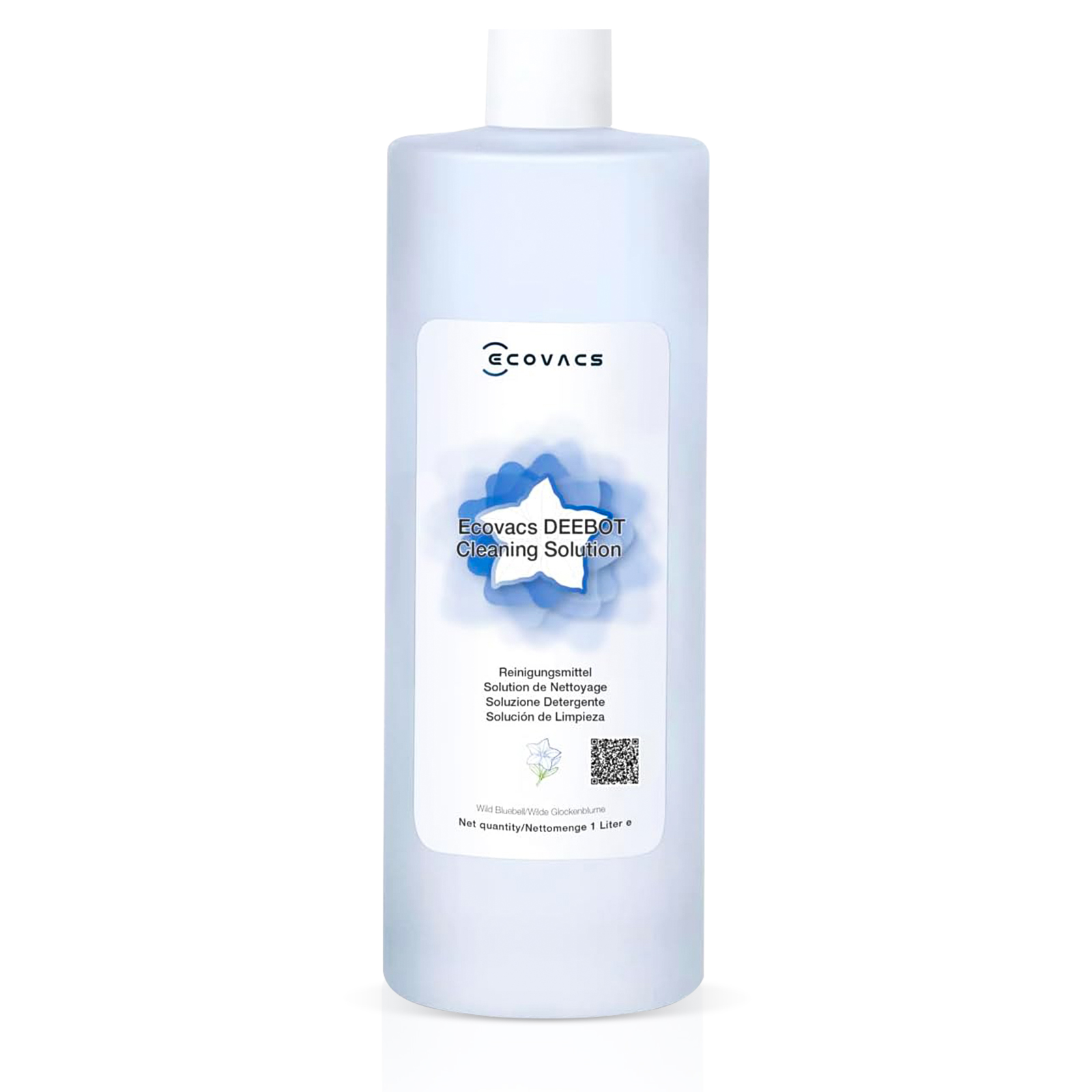 Een fles Ecovacs DEEBOT reinigingsoplossing met blauw etiket en bloemafbeelding.