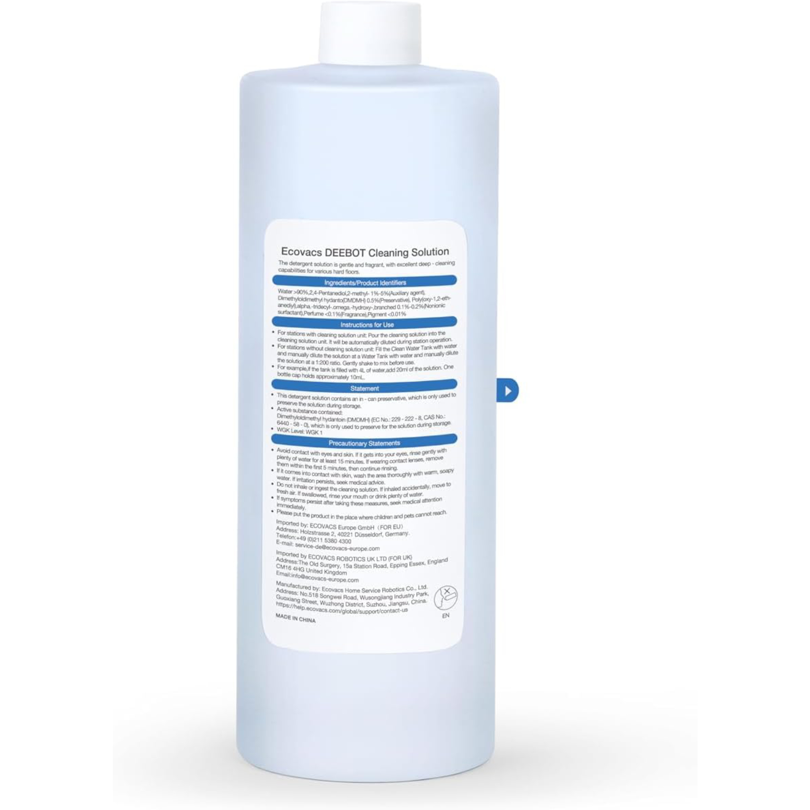 Een fles Ecovacs DEEBOT reinigingsoplossing met etiket en instructies.